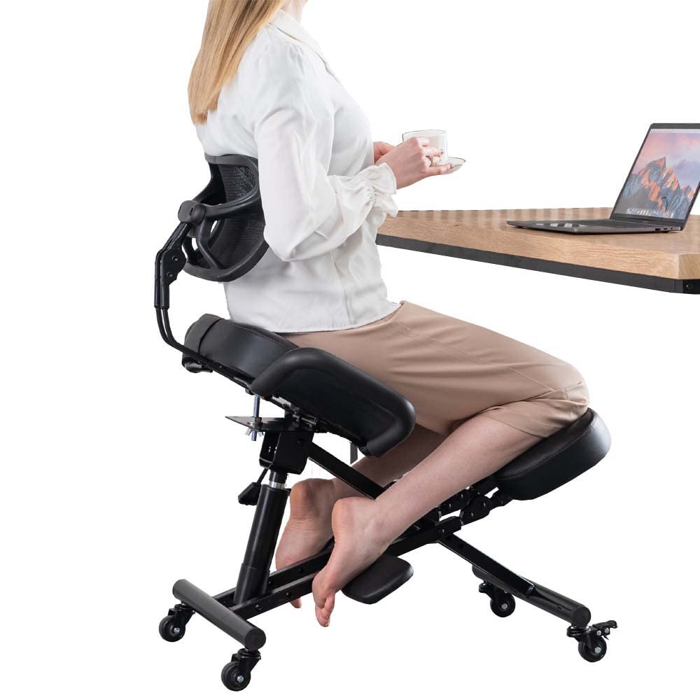 Ergonomic Kneeling Chair with Back Support & Wheels - Adjustable Posture Balance Chair for Office & Home Use - Black - Perfect for Back Pain Relief & Improved Sitting Posture