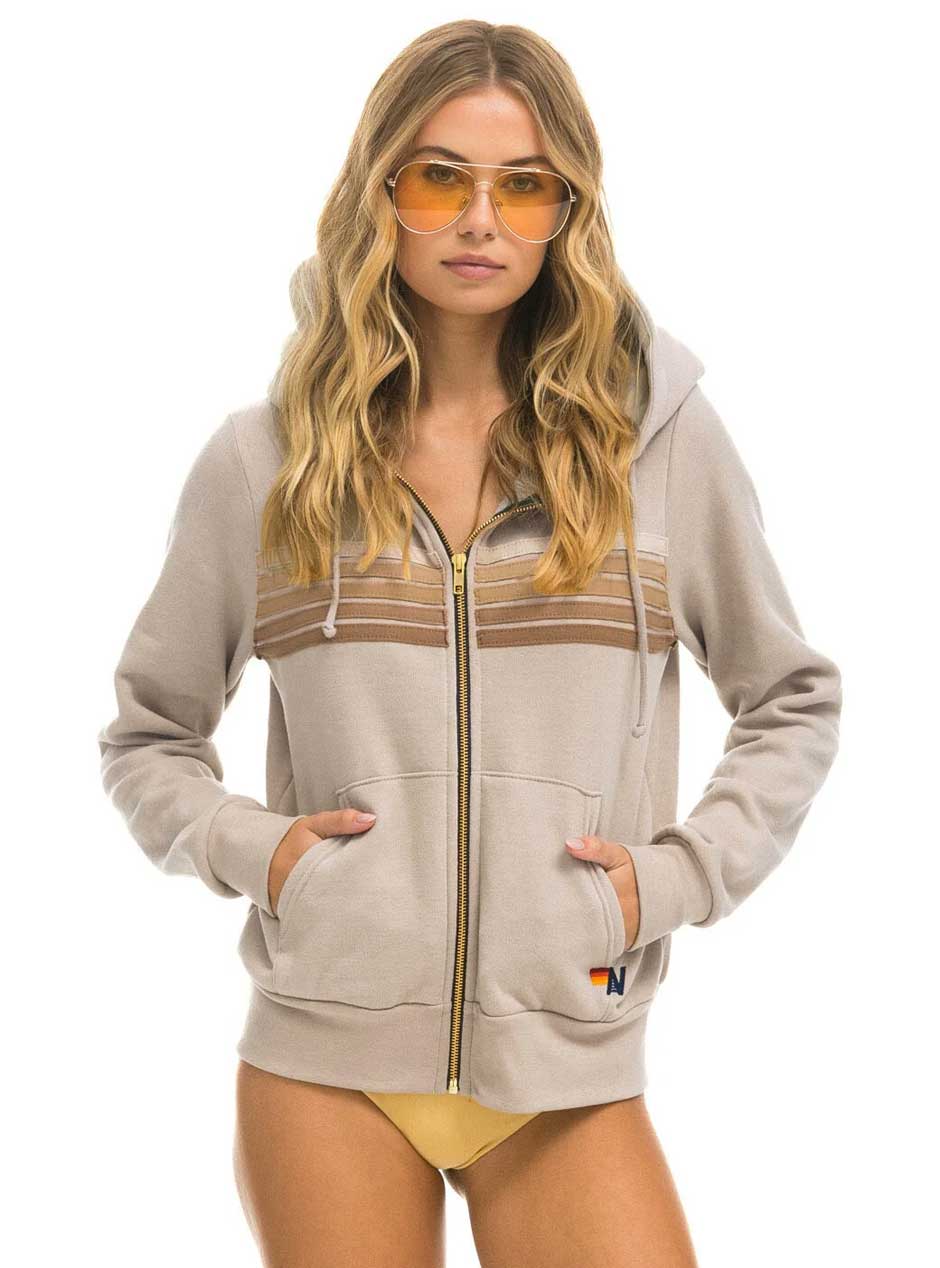 Aviator Nation Women's 5 Stripe Zip Hoodie - Sand Tan | Vintage Inspired Casual Pullover | Perfect for Streetwear, Gym & Cozy Loungewear