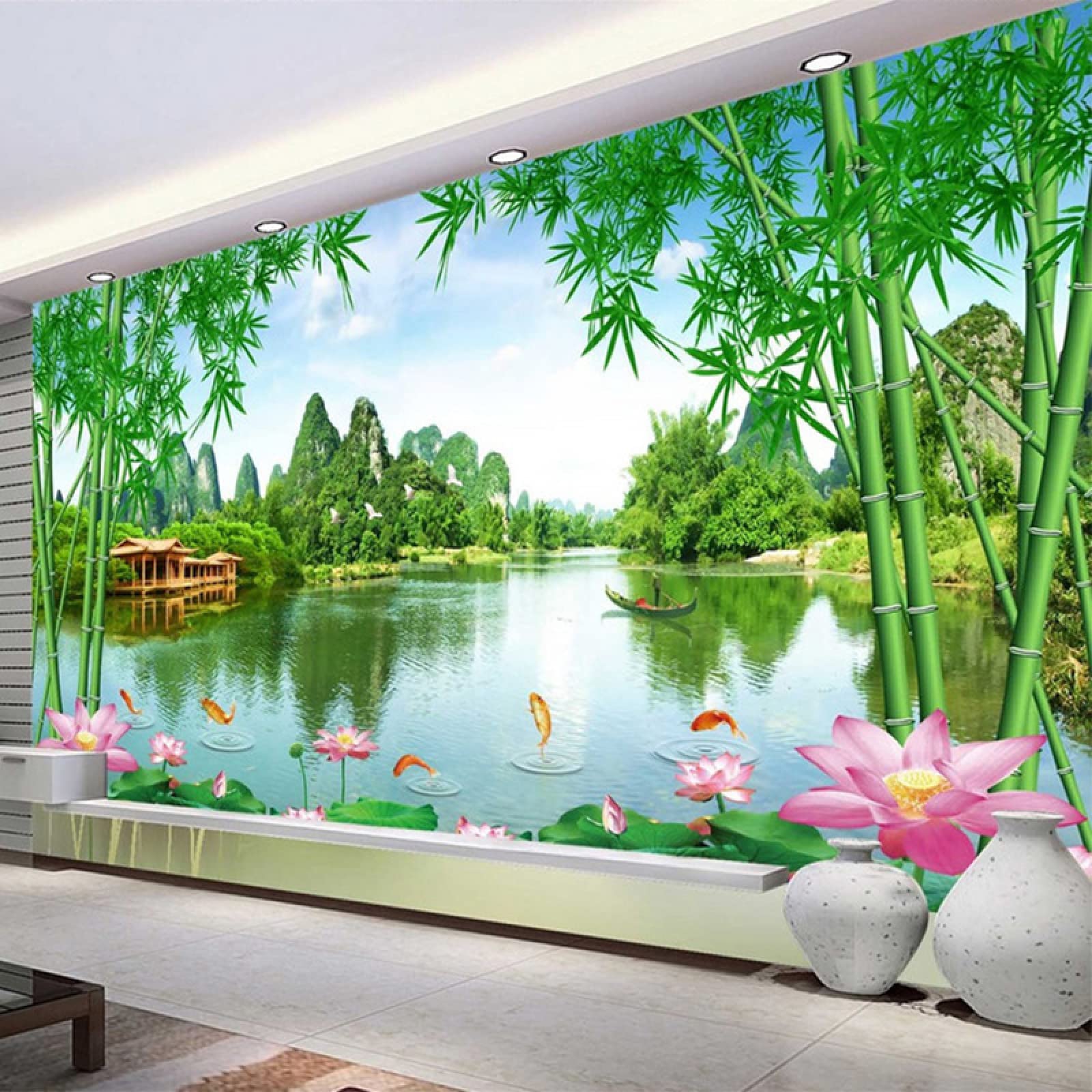 Premium 3D Bamboo Lotus Nature Landscape Wallpaper Mural - Custom Art Decor Painting for Living Room, TV & Sofa Backdrop - Waterproof Home Decor - 157.5x110.3 inches (WxH) - Perfect for Modern Interior Design & Wall Accent