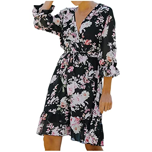 DOLKFU Women's Summer Floral Print Wrap Dress - Bohemian Semi-Formal Mini Dress with Tie Waist & Half Sleeves | Perfect for Beach Vacations, Date Nights & Office Wear