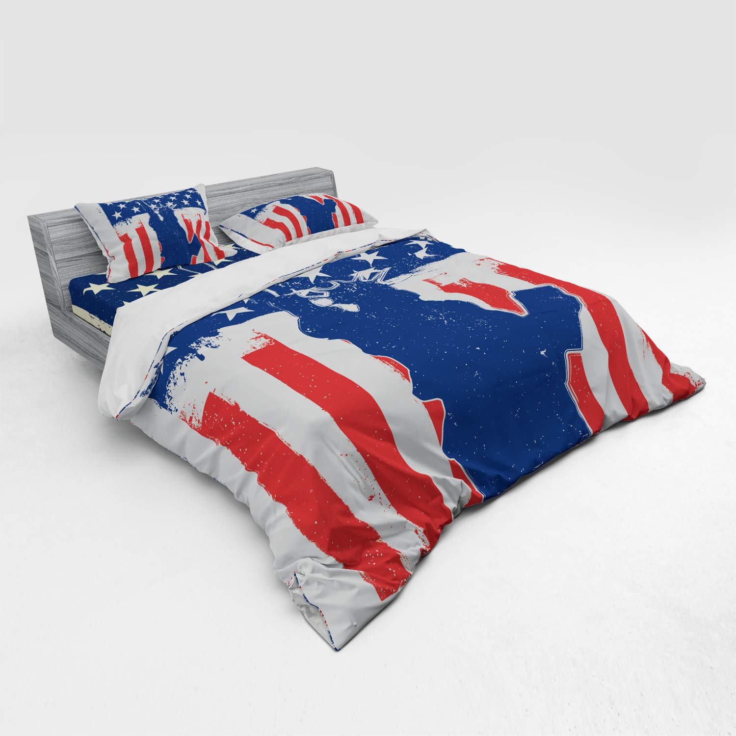 Ambesonne 4th of July Duvet Cover Set - Liberty Silhouette with Grunge American Flag Design | 4-Piece Bedding Set Includes Shams & Fitted Sheet | King Size in Vermilion & Navy Blue | Perfect for Independence Day Decor & Patriotic Bedroom Themes