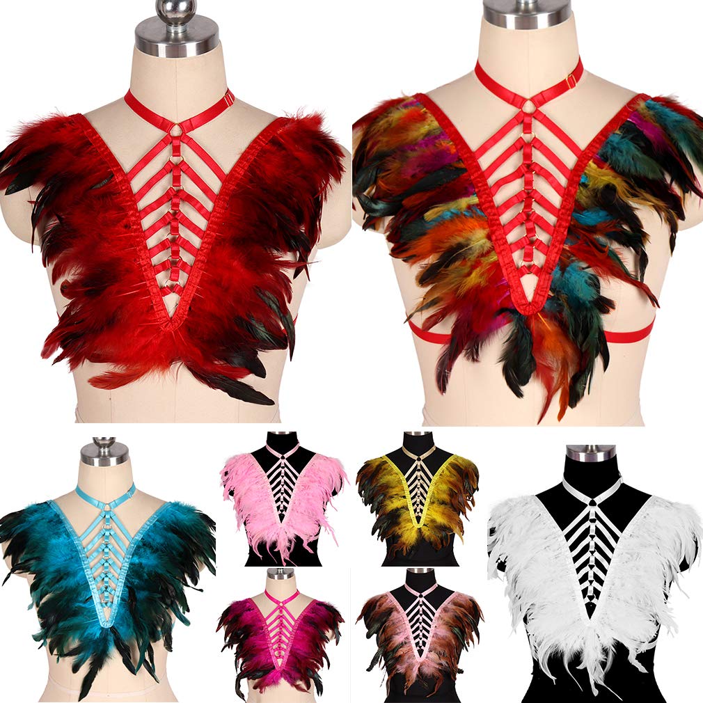 Women's Feather Body Harness Bra - Adjustable Gothic Punk Underwear with Elastic Straps for Women (MLCO0055) | Perfect for Nightclubs, Concerts, and Gothic Fashion Outfits