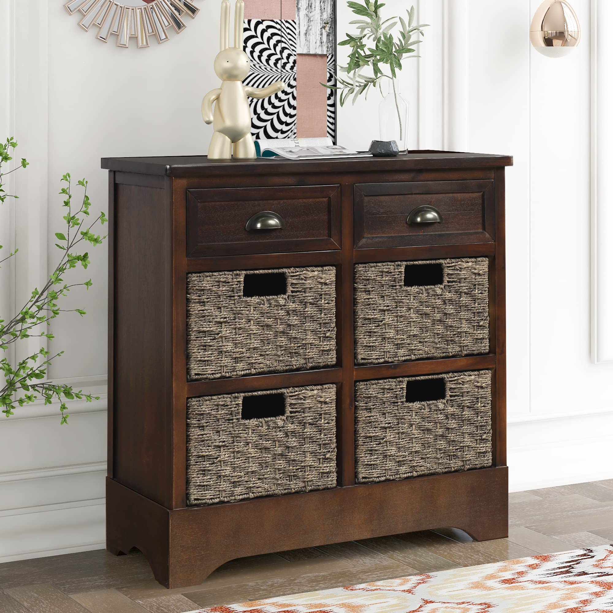 Espresso Storage Cabinet with 2 Drawers & 4 Wicker Baskets - Sideboard Buffet Console Table for Kitchen, Dining Room & Living Room | Multi-Functional Accent Furniture for Home Organization & Stylish Decor