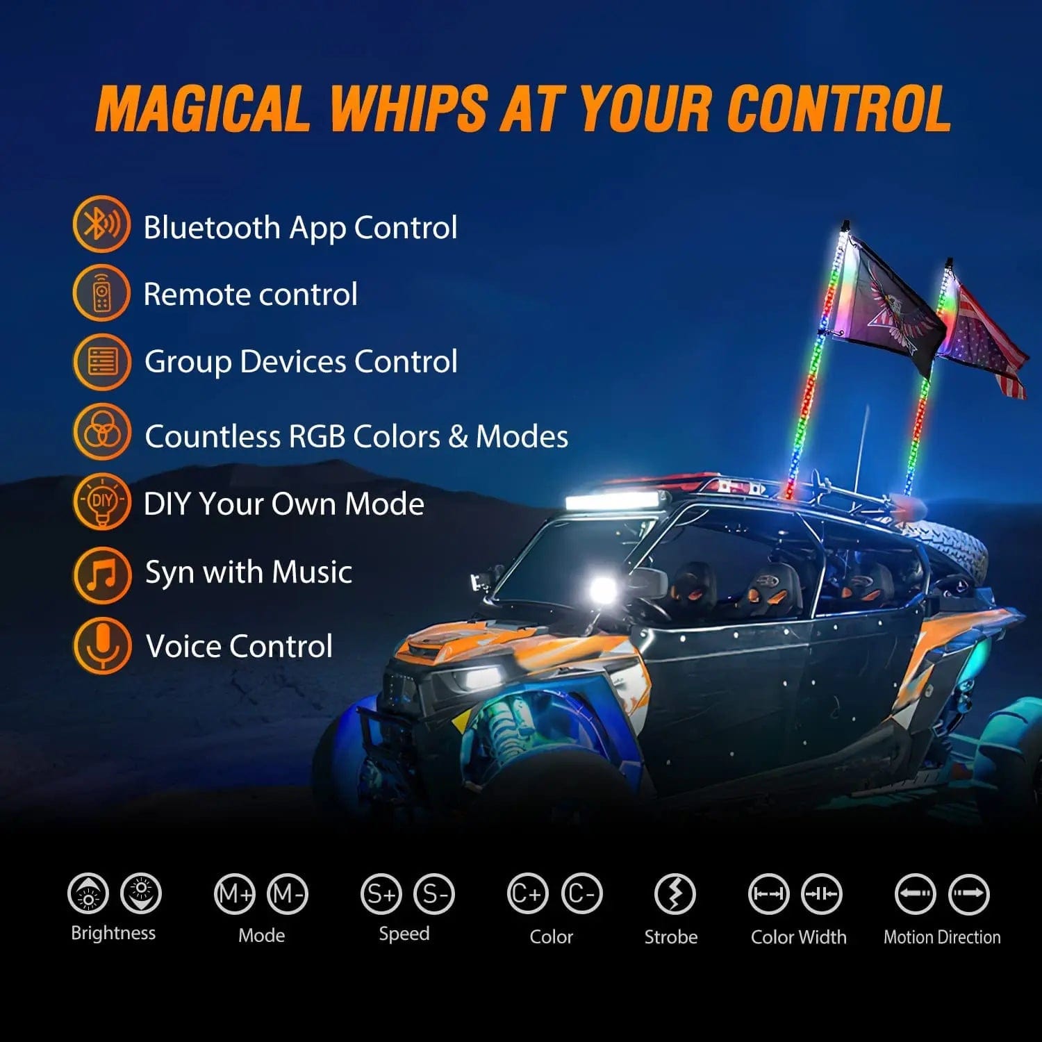 2Pcs 4FT Spiral Antenna Bluetooth Remote App Control LED Whip Light for Off-Road Vehicles - 10FT Wire 5Pin Switch - Perfect for ATV, UTV, Jeep & Truck Night Riding