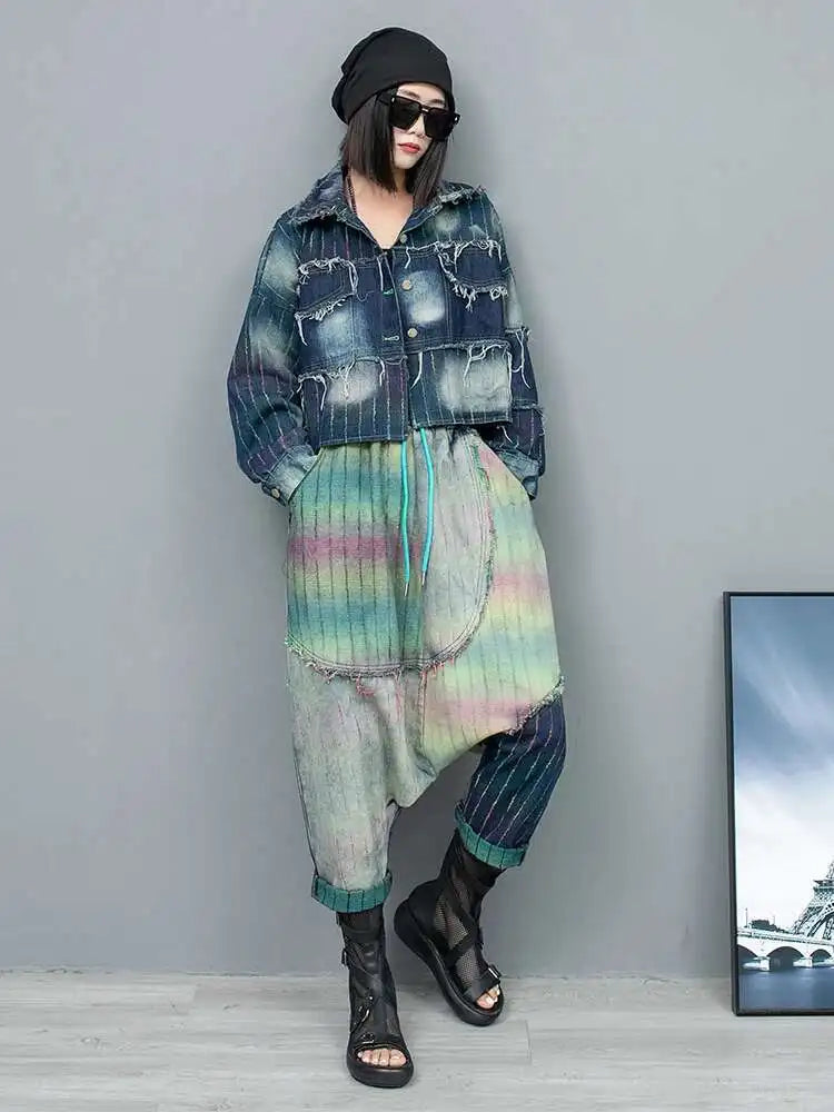 Women's Big Size Denim Jacket & Wide Leg Pants Two-Piece Suit - Lapel Long Sleeve Fashion Set for Spring & Autumn 2025 | Trendy Outfit for Casual Wear, Office, and Date Nights (Style: 1DH6431)