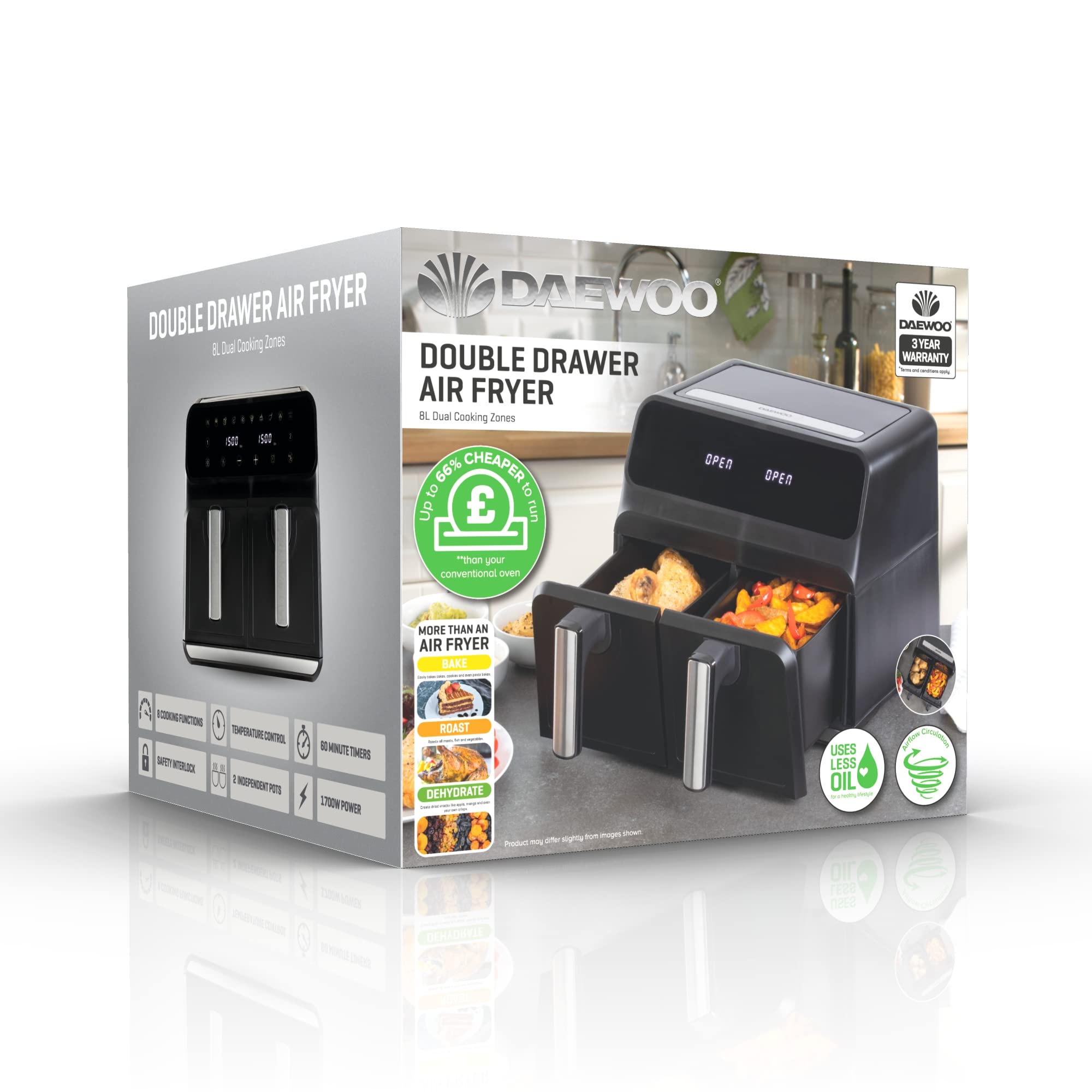 Daewoo 8L Digital Air Fryer with Dual Drawers & Sync Function - Healthy Oil-Free Cooking for Baking, Roasting, Dehydrating - 60-Min Timer - Perfect for Family Meals & Party Snacks