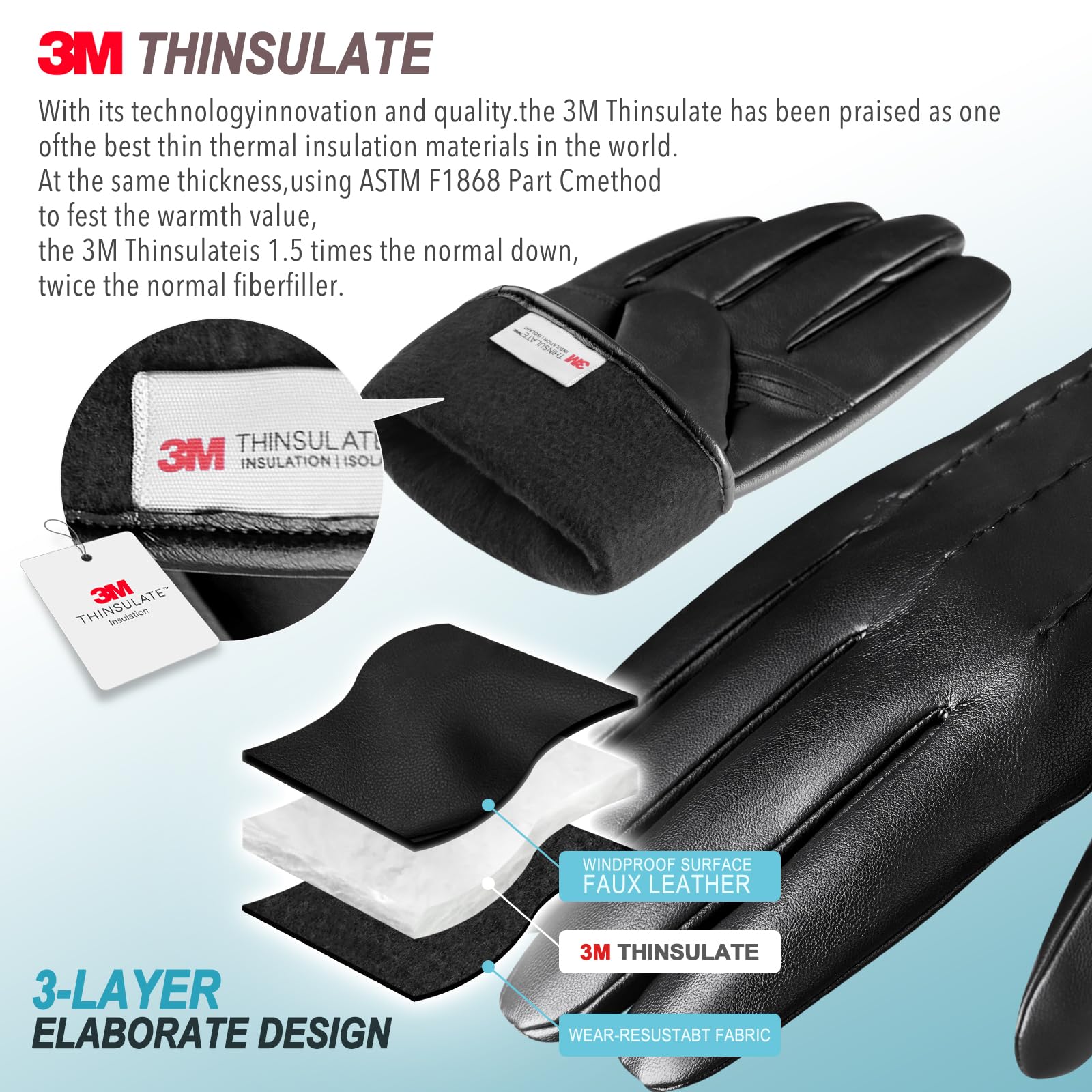 Men's Winter Leather Gloves with Touchscreen & Cashmere Lining - Snow Driving & Motorcycle Riding Gloves for Cold Weather Protection