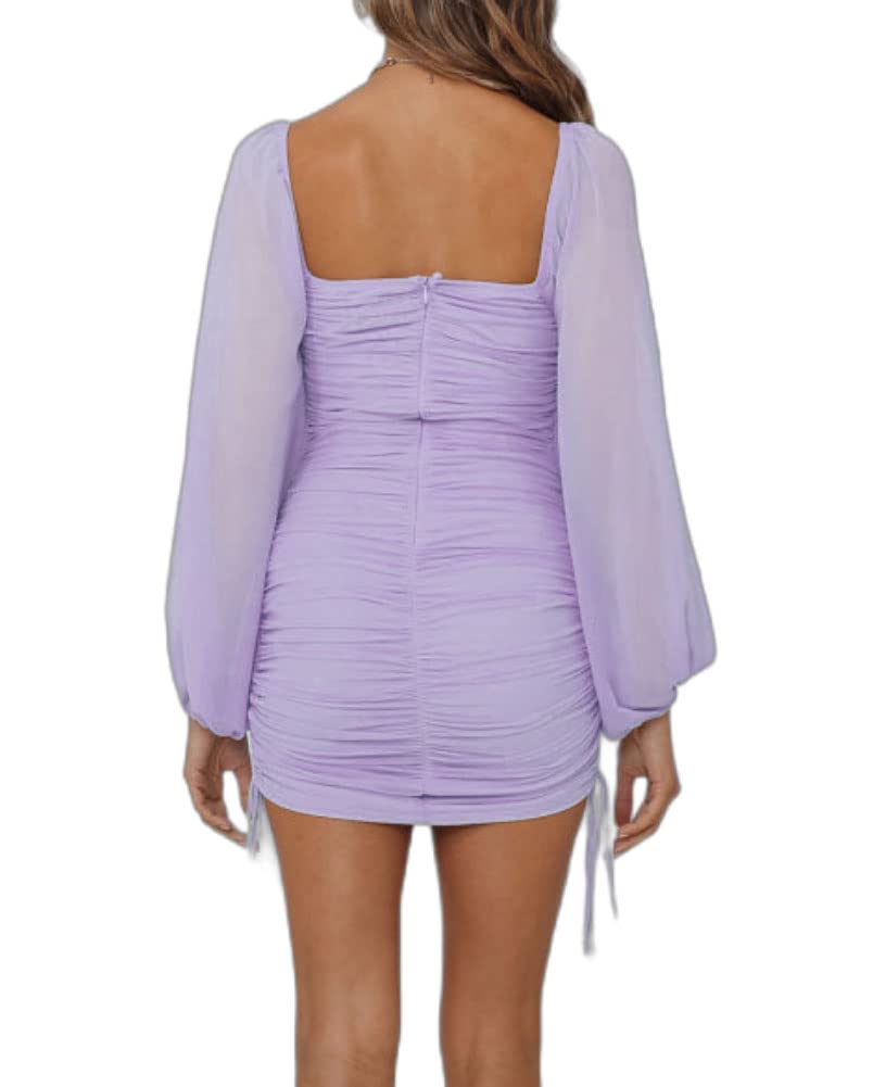Women's Mesh Bodycon Mini Dress - Square Neck Long Sleeve Ruched Party Dress for Homecoming, HOCO, Club, Wedding Guest & Night Out | Sexy Tight Fitted Cocktail Dress for Date Night & Special Occasions