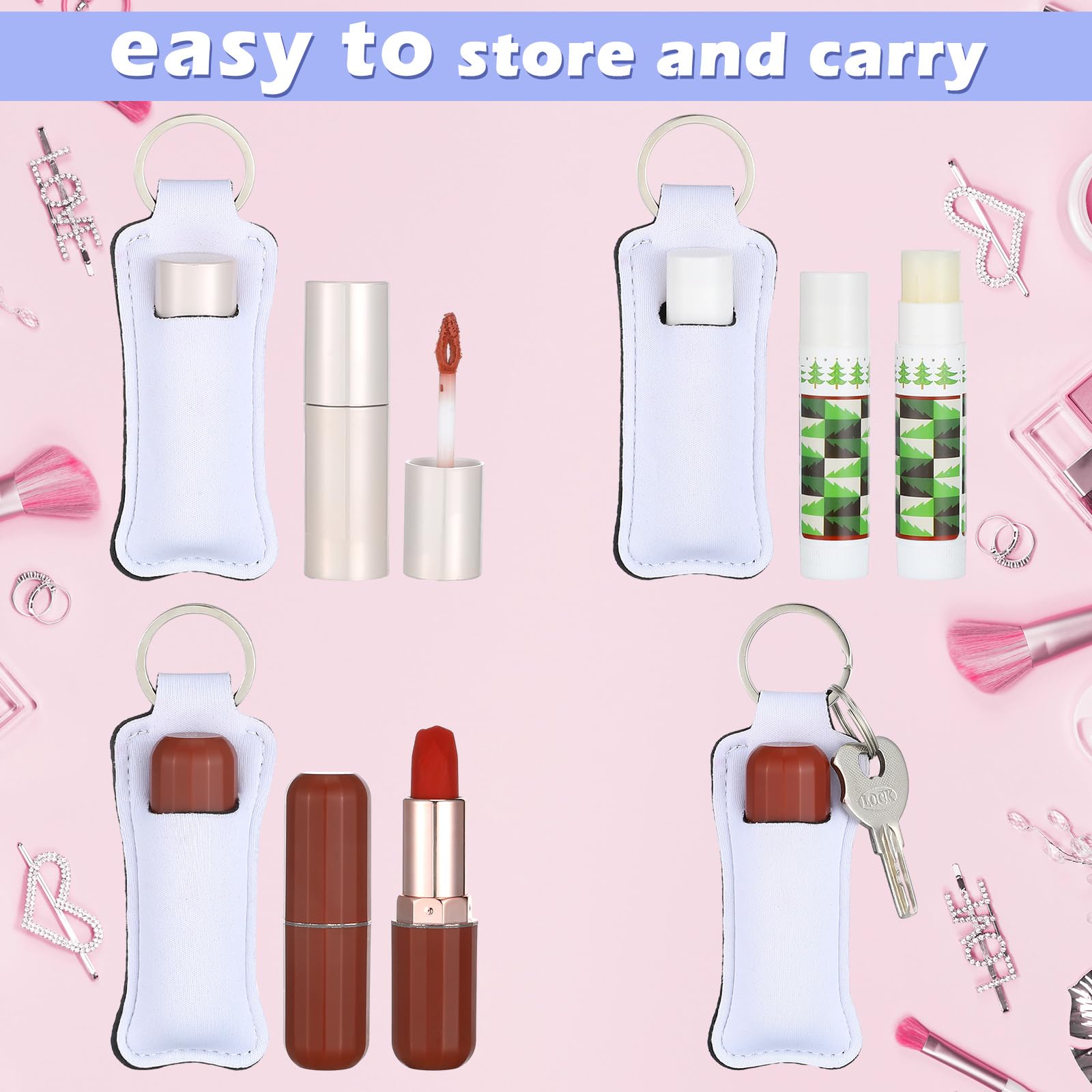100 Pcs Sublimation Keychain Blanks Bulk - DIY Lipstick & Lip Balm Holder - Neoprene Travel Key Rings for Women - Portable Protective Cases for Cosmetics, Perfect for Gifts, Parties & Travel Accessories