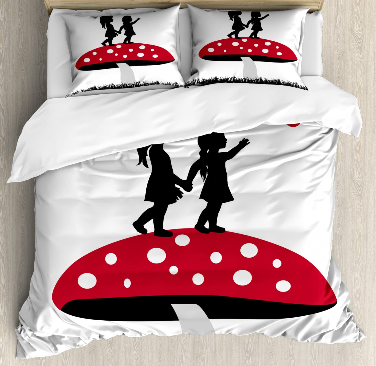 Ambesonne Mushroom Duvet Cover Set - Queen Size 2-Piece Bedding with 4 Pillowcases | Vintage Fairy Tale Design Featuring 2 Girls on Toadstool | Vermilion Grey | Perfect for Kids' Room, Nursery Decor or Fantasy Themed Bedroom
