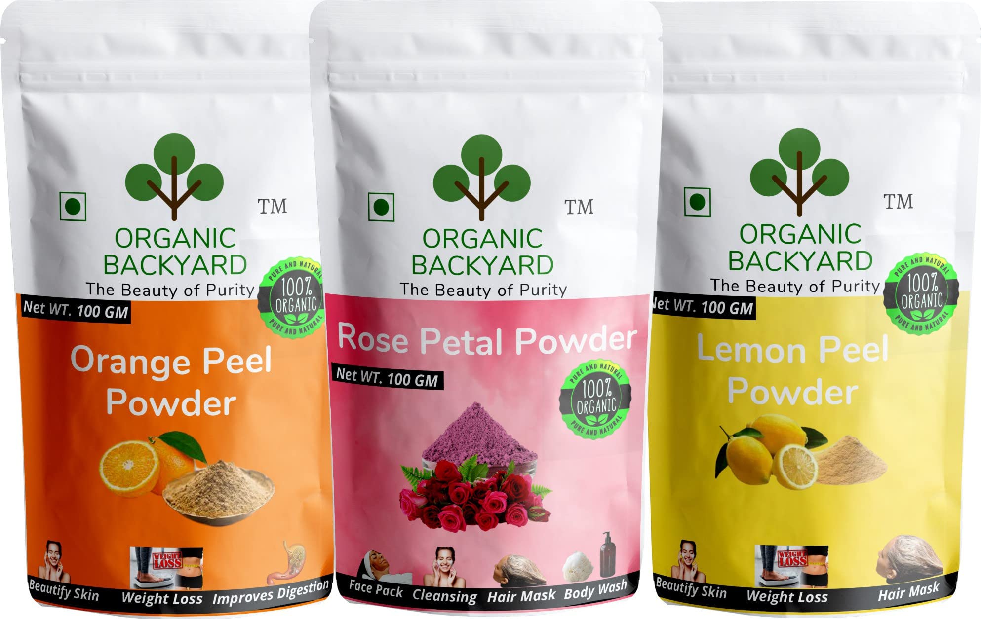 100% Organic Rose Petal, Orange Peel & Lemon Peel Powder Combo - 100g Each for Glowing Skin | Natural Face Mask & Exfoliator for Dry & Sensitive Skin Care