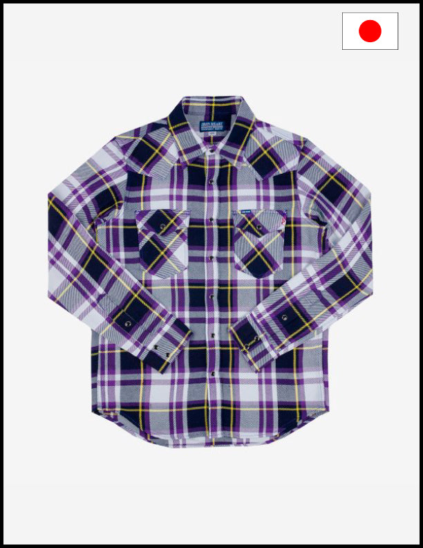 Iron Heart IHSH-390 9oz Selvedge Denim Western Shirt - Purple Checkered Plaid for Men | Vintage Americana Workwear | Perfect for Casual Outfits, Rodeo Events & Western Style Fashion