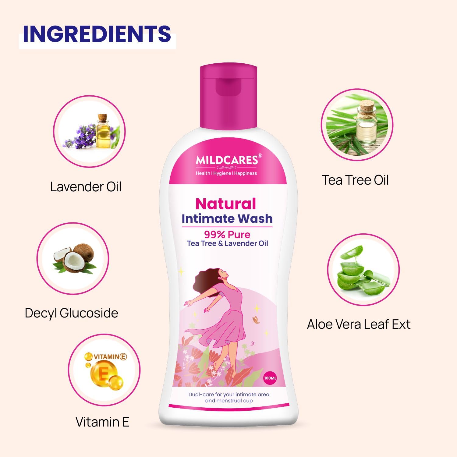 GynoCup Natural Intimate Wash for Women - pH Balanced Feminine Hygiene with Tea Tree & Lavender Oil - Gentle Cleansing & Odor Control - Pack of 2 (100ML Each) - Perfect for Daily Use, Post-Workout & Travel