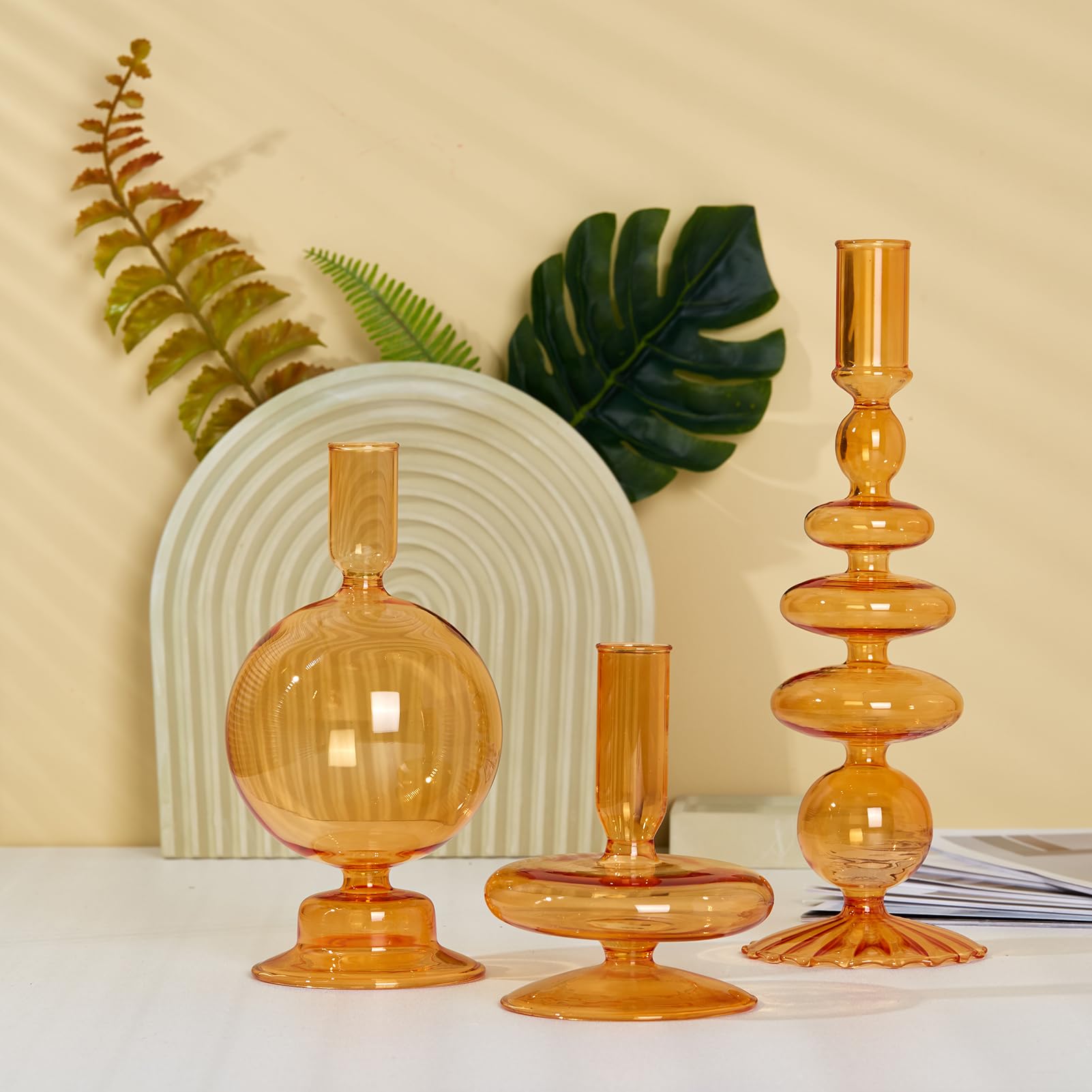 Modern Glass Taper Candle Holders - Elegant Table Centerpiece for Weddings, Dinner Parties & Home Decor - Orange Candlestick Stands for Romantic Ambiance & Holiday Celebrations