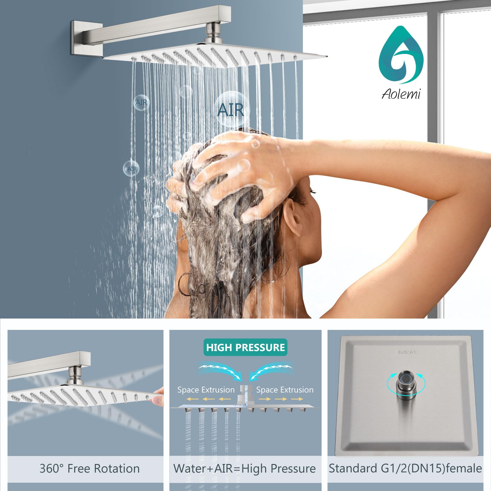 **Aolemi 12-Inch Brushed Nickel Shower System - Wall Mounted Tub Faucet Set with Rain Shower Head & 2-in-1 Handheld Shower Combo, Trim Kit & Rough-in Valve - Perfect for Bathroom Renovation & Luxury Spa Experience**