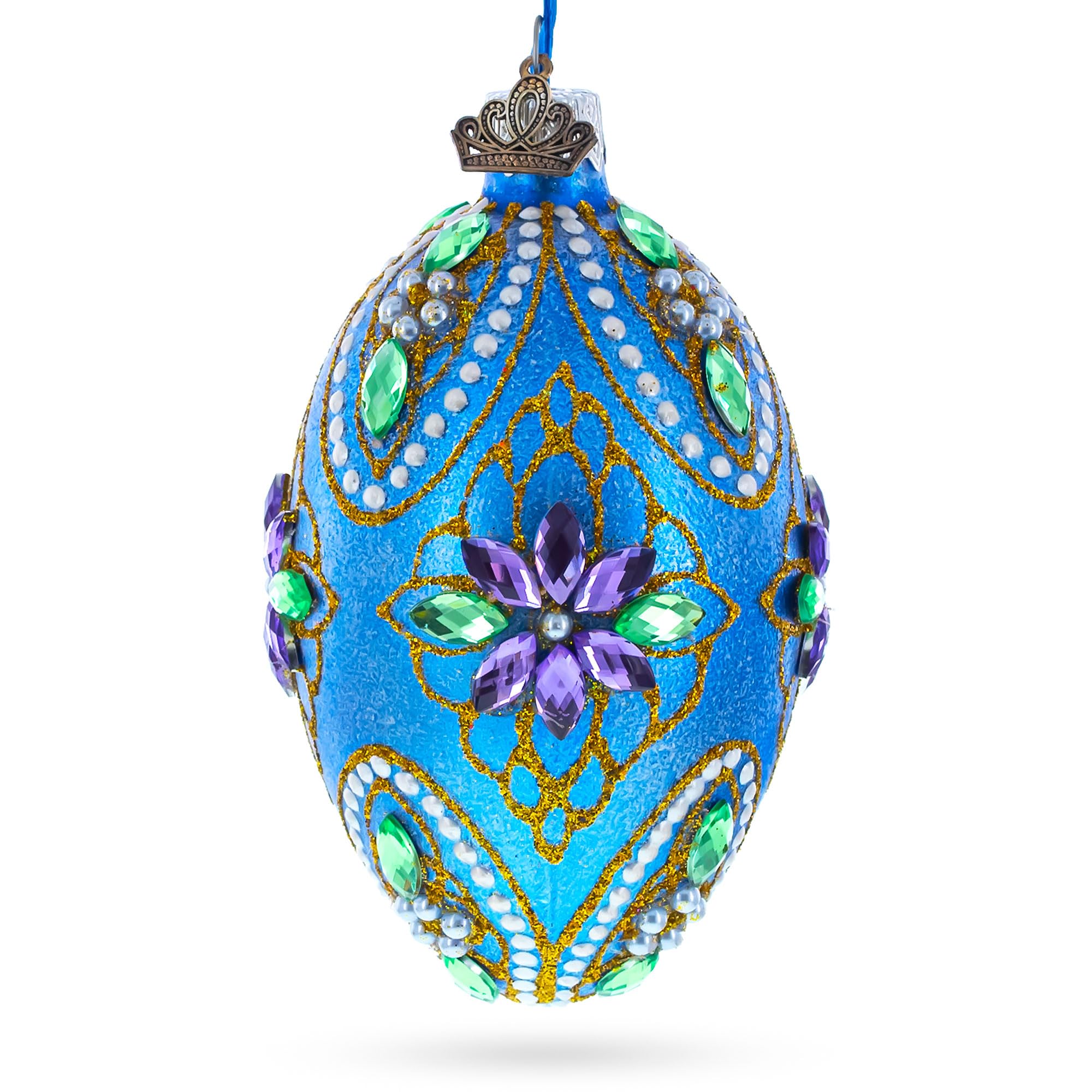 4 Inch Blue Glass Egg Ornament with Jeweled Purple Flowers - Perfect for Easter Decor, Christmas Tree Ornaments & Home Decoration Gifts