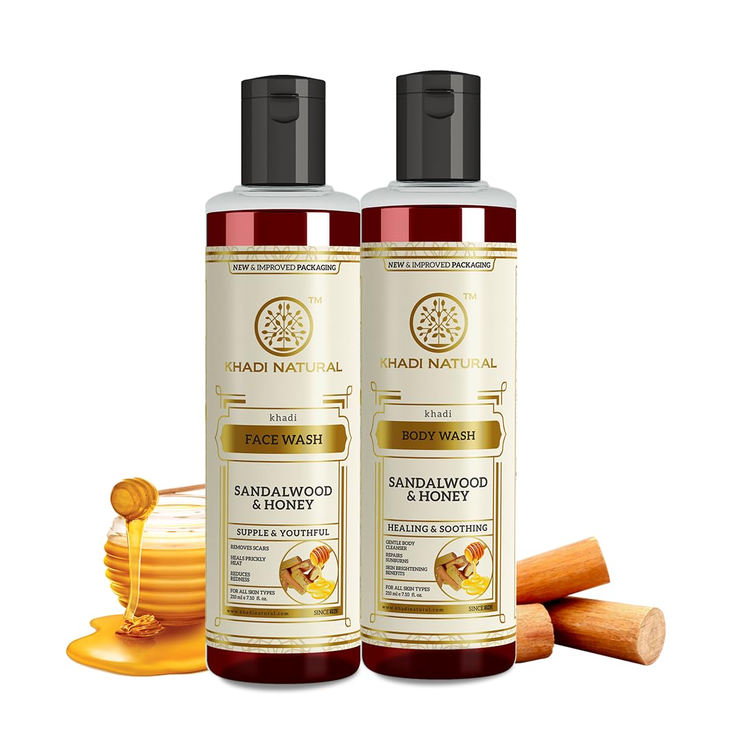Khadi Natural Sandalwood & Honey Face Wash & Body Wash Combo Set - Controls Excess Oil, Deep Moisturization for Glowing Skin - 210ml Each - Perfect for Daily Skincare & Relaxing Bath Time