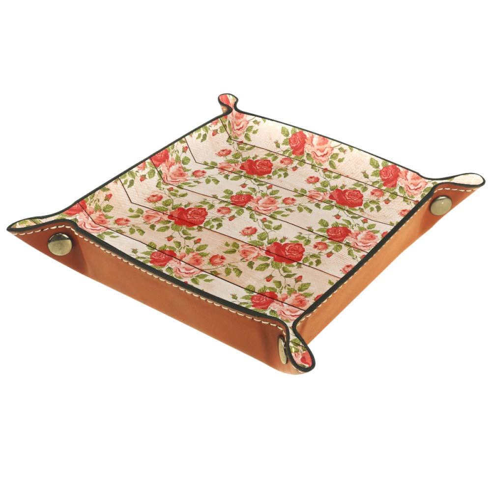 AISSO Shabby Chic Jewelry Tray - Wood & Floral Print Leather Valet Organizer for Watches, Keys, Coins, Wallets & Phones | Perfect for Bedroom Dresser, Office Desk & Entryway Organization