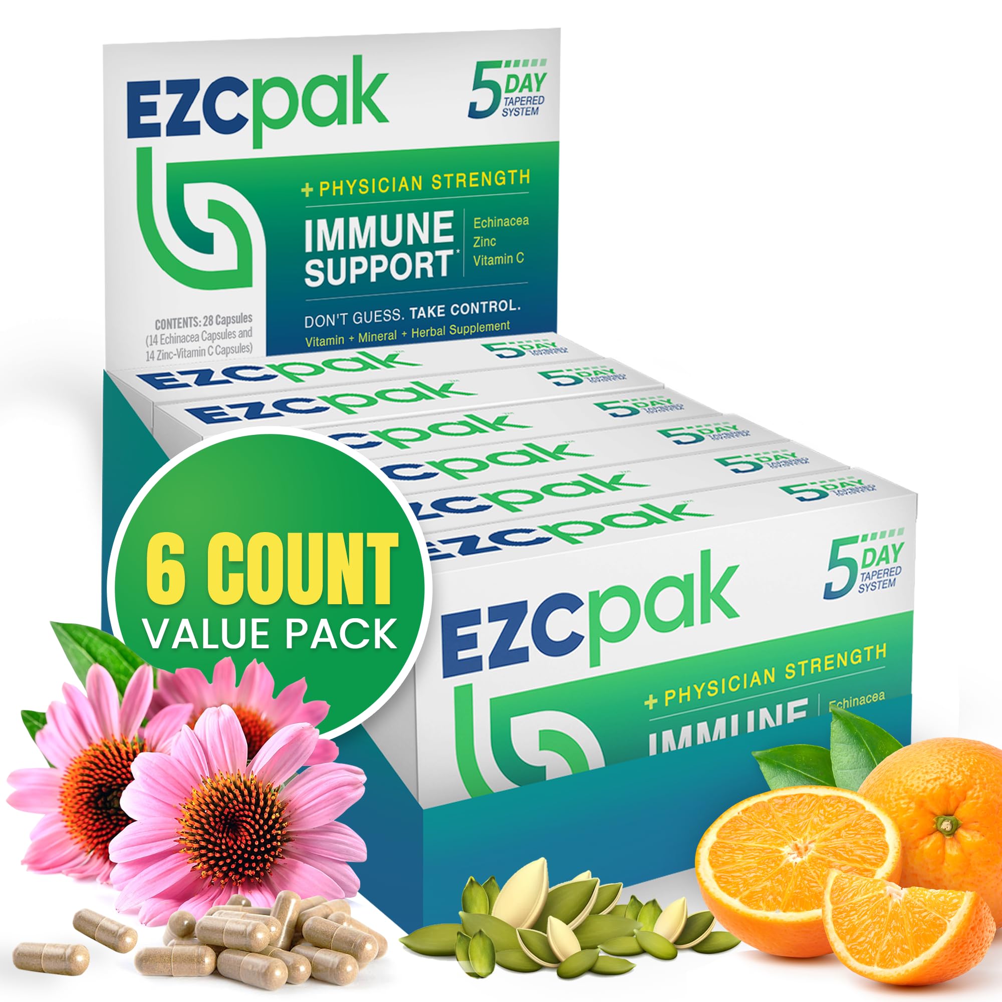 EZC Pak 5-Day Immune Support Booster Supplement with Echinacea, Zinc & Vitamin C - Immune System Boost for Adults - Pack of 6 - Perfect for Travel, Work & Seasonal Wellness