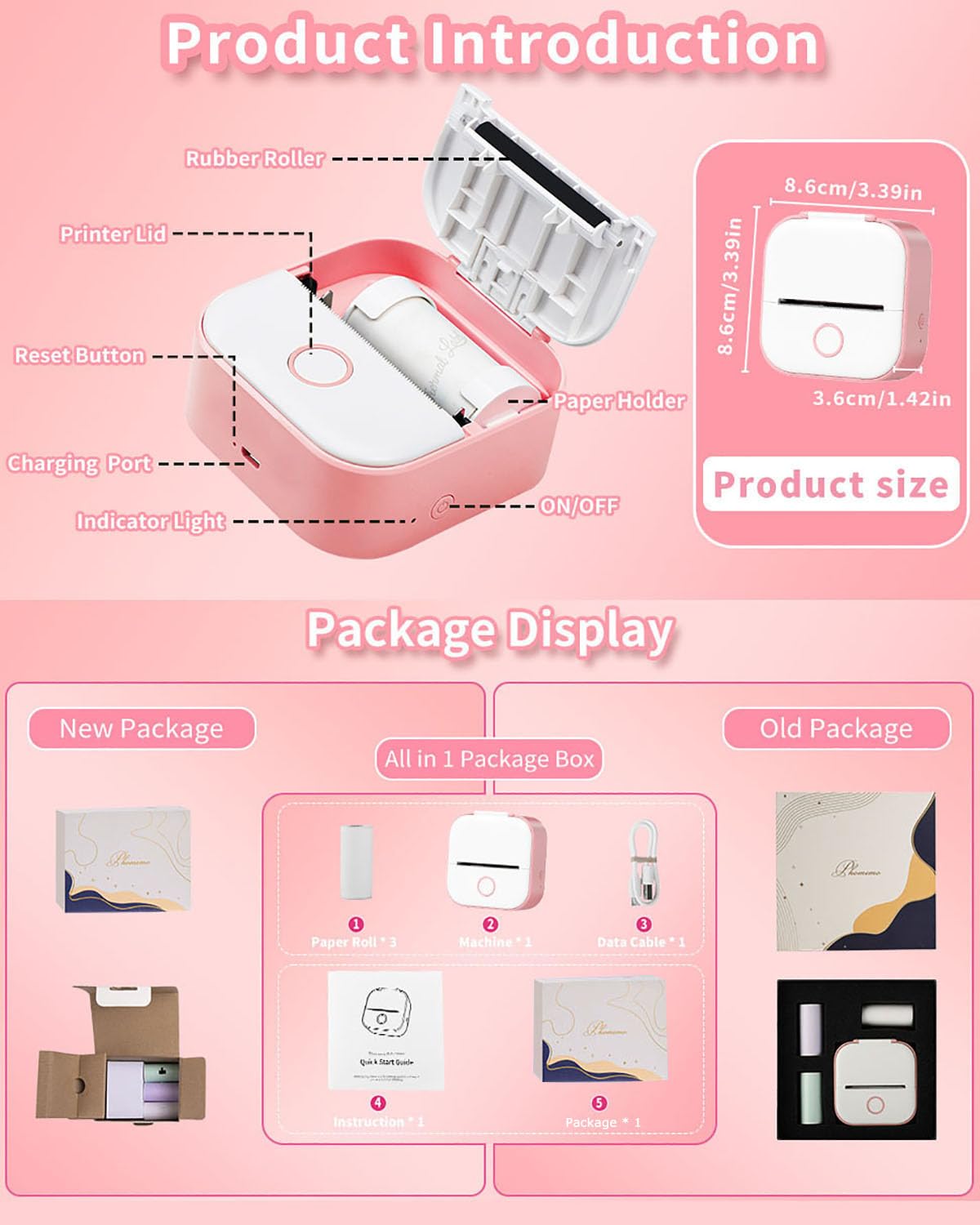 Memoking Mini Sticker Printer - Wireless Inkless Thermal Label Maker for Students, Birthday Gifts | Portable Sticker Machine Compatible with iOS & Android (Pink) | Perfect for DIY Crafts, Scrapbooking & Party Favors