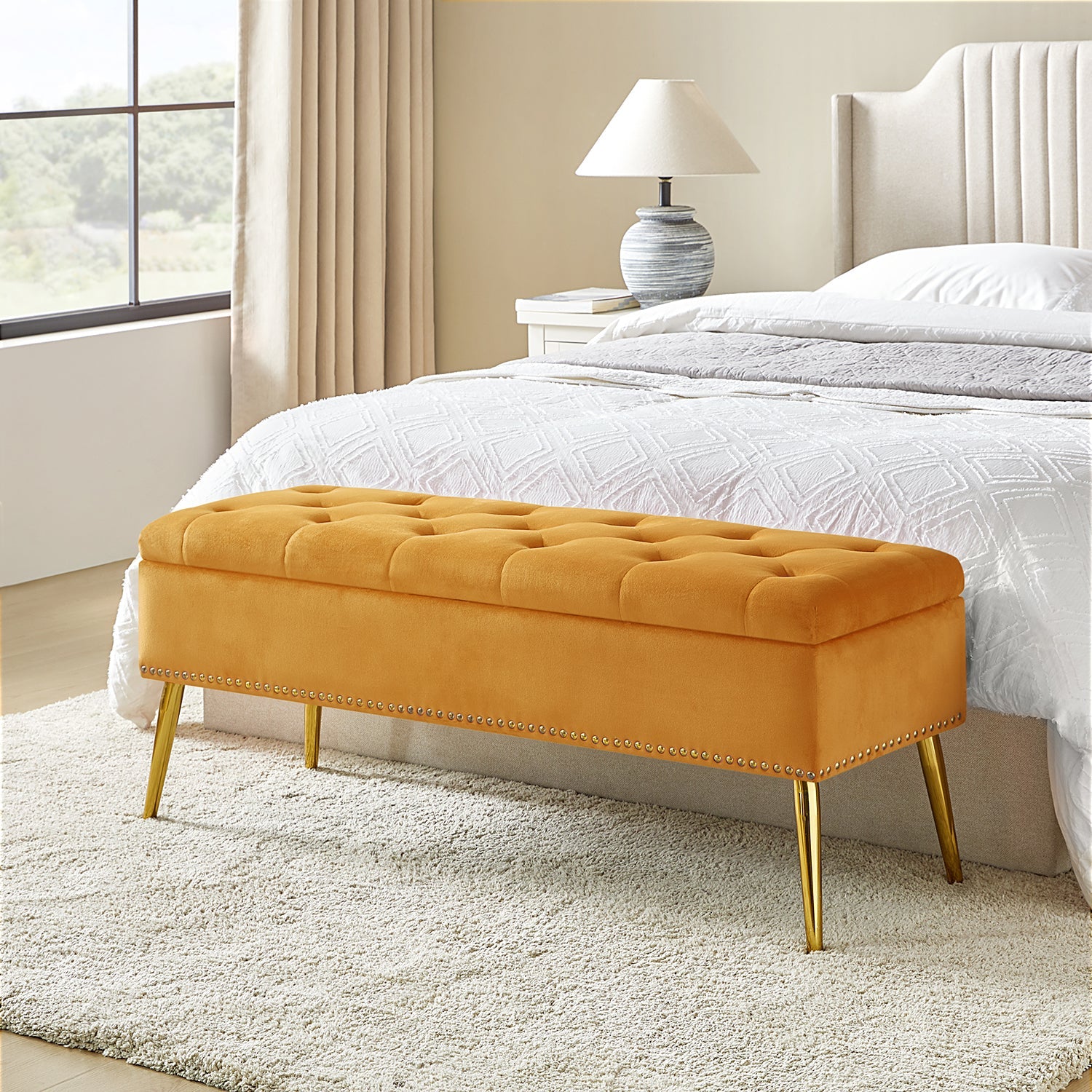 Lenore Upholstered Storage Bench with Cushion Seat - Modern Upholstered Ottoman for Bedroom, Living Room & Entryway - Multi-Functional Storage Furniture for Home Organization