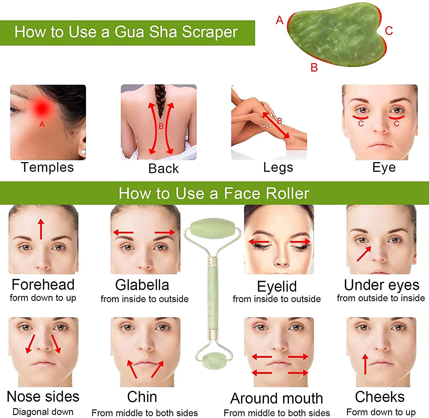 Premium Jade Roller & Gua Sha Set - Natural Facial Massage Tools for Skin Care, Anti-Aging, Wrinkle Reduction - Relaxing Face, Eye & Neck Massager for Glowing Skin - Perfect for Daily Skincare Routine & Spa Day at Home