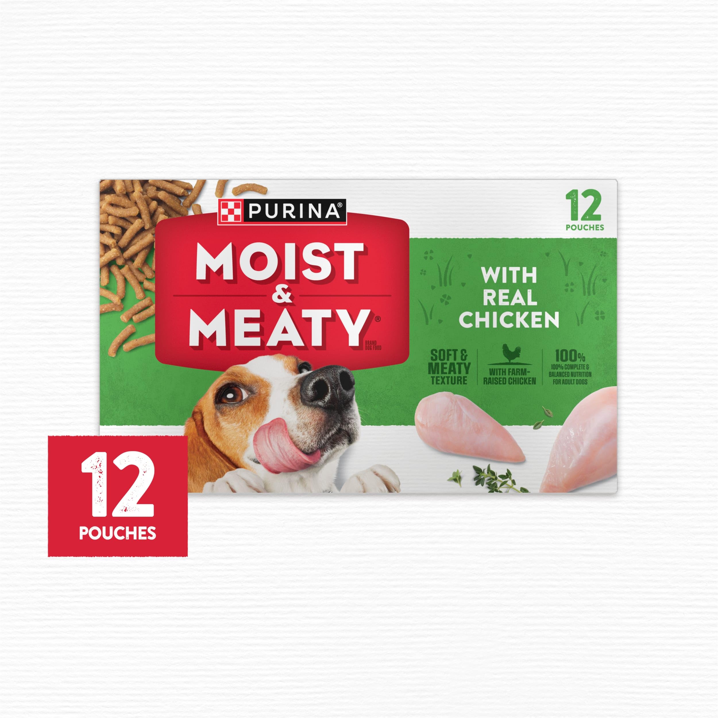 Purina Moist & Meaty Soft Dog Food - Real Chicken Recipe Wet Dog Food for Adult Dogs, 12 Pack | High Protein, Grain-Free & Tender Bites for Daily Meals, Training Treats & On-the-Go Feeding