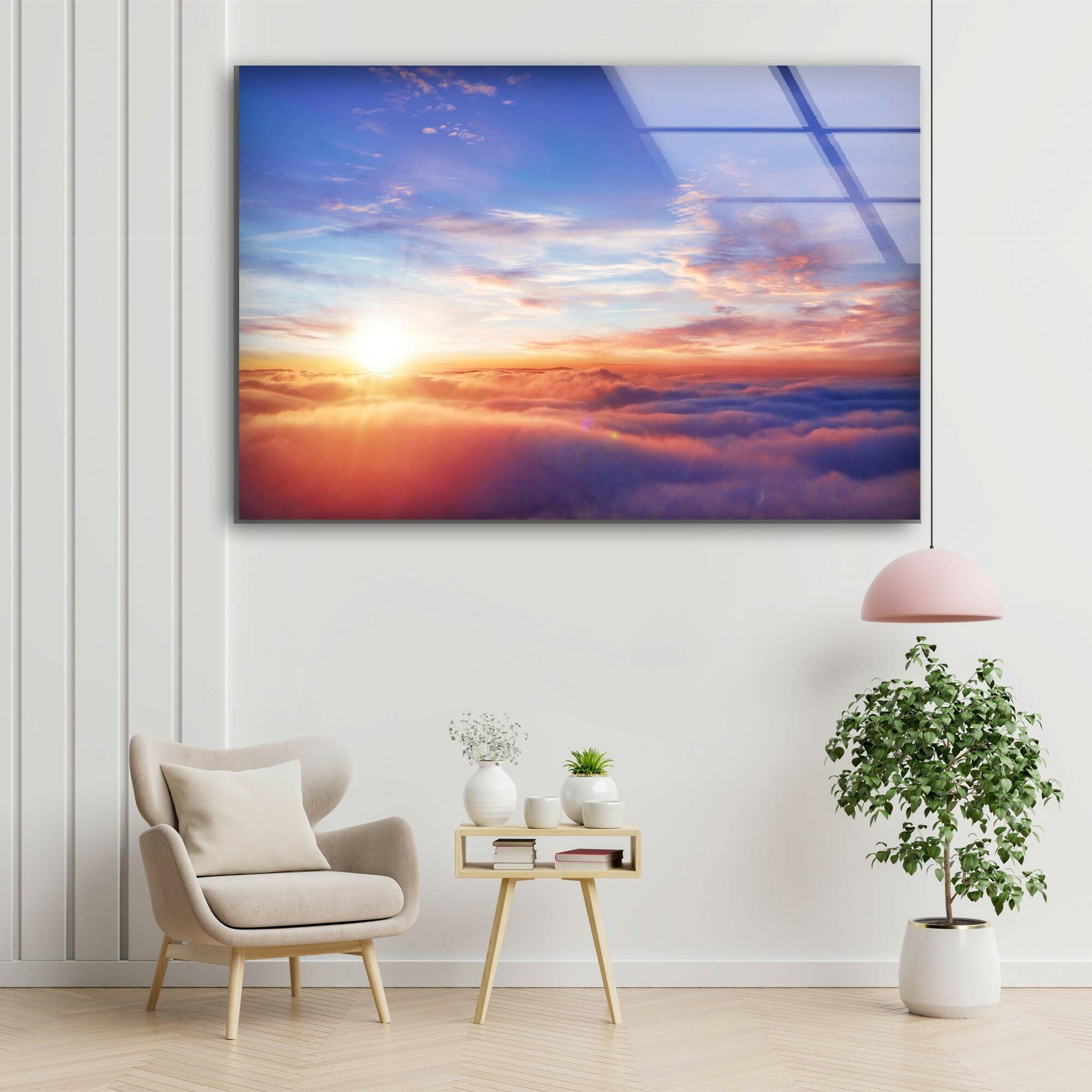Stunning Sunrise on Glass Wall Art - Above the Clouds Panoramic Landscape Decor for Living Room, Bedroom & Office