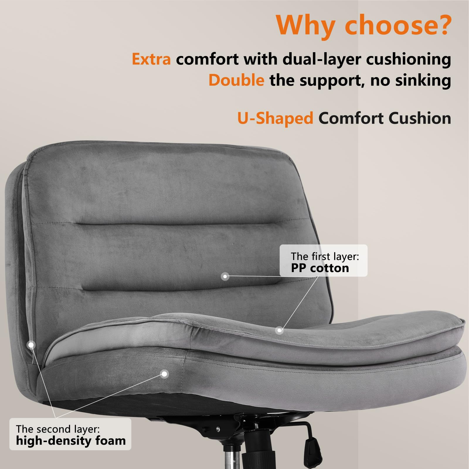 Criss Cross Legged Office Chair with Wheels - Armless Swivel Desk Chair, Wide Seat & Height Adjustable Mid Back - Perfect for Home Office, Computer Work & Vanity Desks