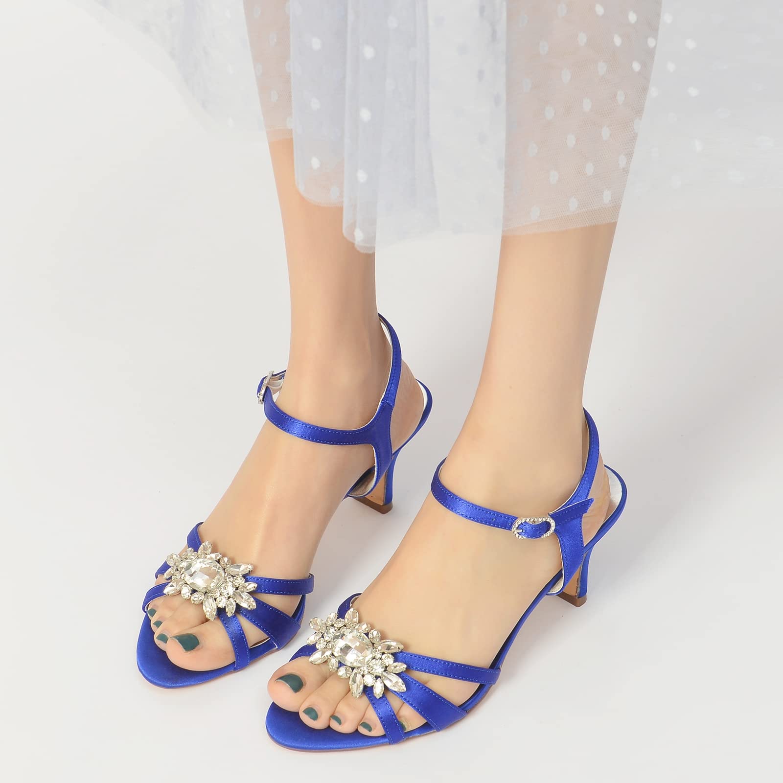 Sparkly Rhinestone Women's Wedding Shoes - Chunky Mid Heels, Peep Toe Prom Pumps with Comfortable Rubber Sole (Navy, Size 6.5) | Perfect for Bridal, Prom, Evening Parties & Special Occasions
