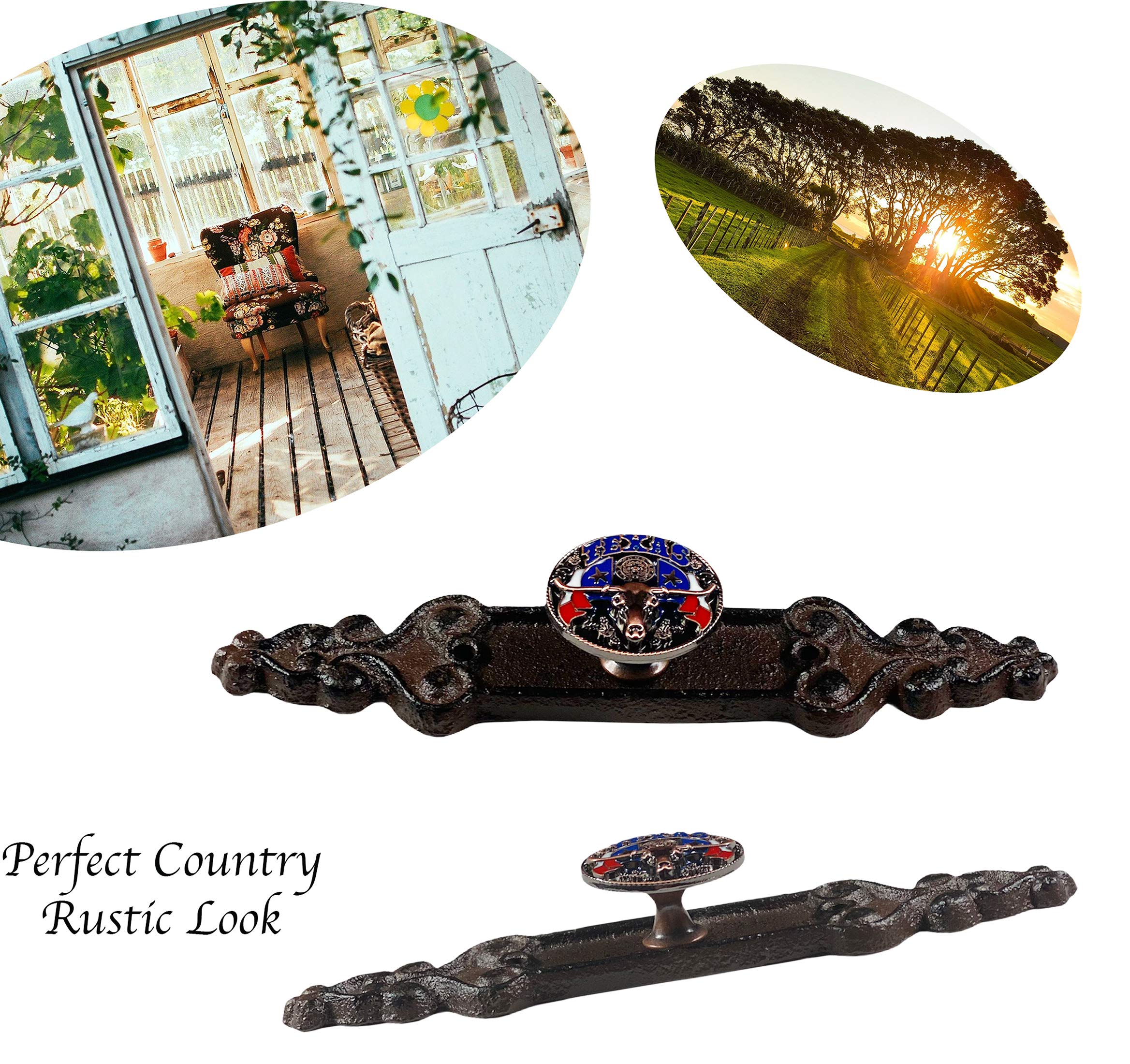 Urbalabs Cast Iron Texas Longhorn Concho Knobs - Rustic Kitchen Cabinet Handles & Drawer Pulls for Farmhouse Decor - Western Style Antique Dresser Hardware - Perfect for Country Home, Ranch Style Kitchens & Western Themed Bedrooms