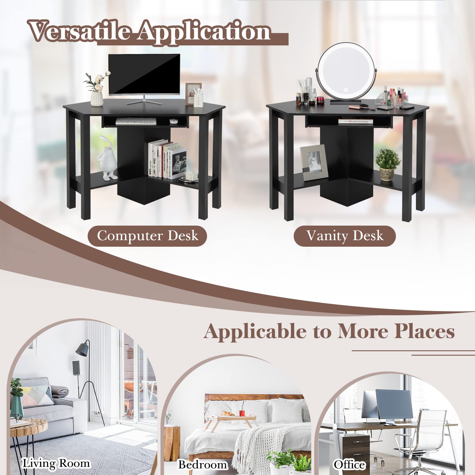 Tangkula Small Corner Desk with Keyboard Tray - Triangle Computer Desk for Bedroom, Home Office & Small Spaces - Space Saving Writing Desk with Storage Shelves - Perfect for Work, Study & Makeup Vanity