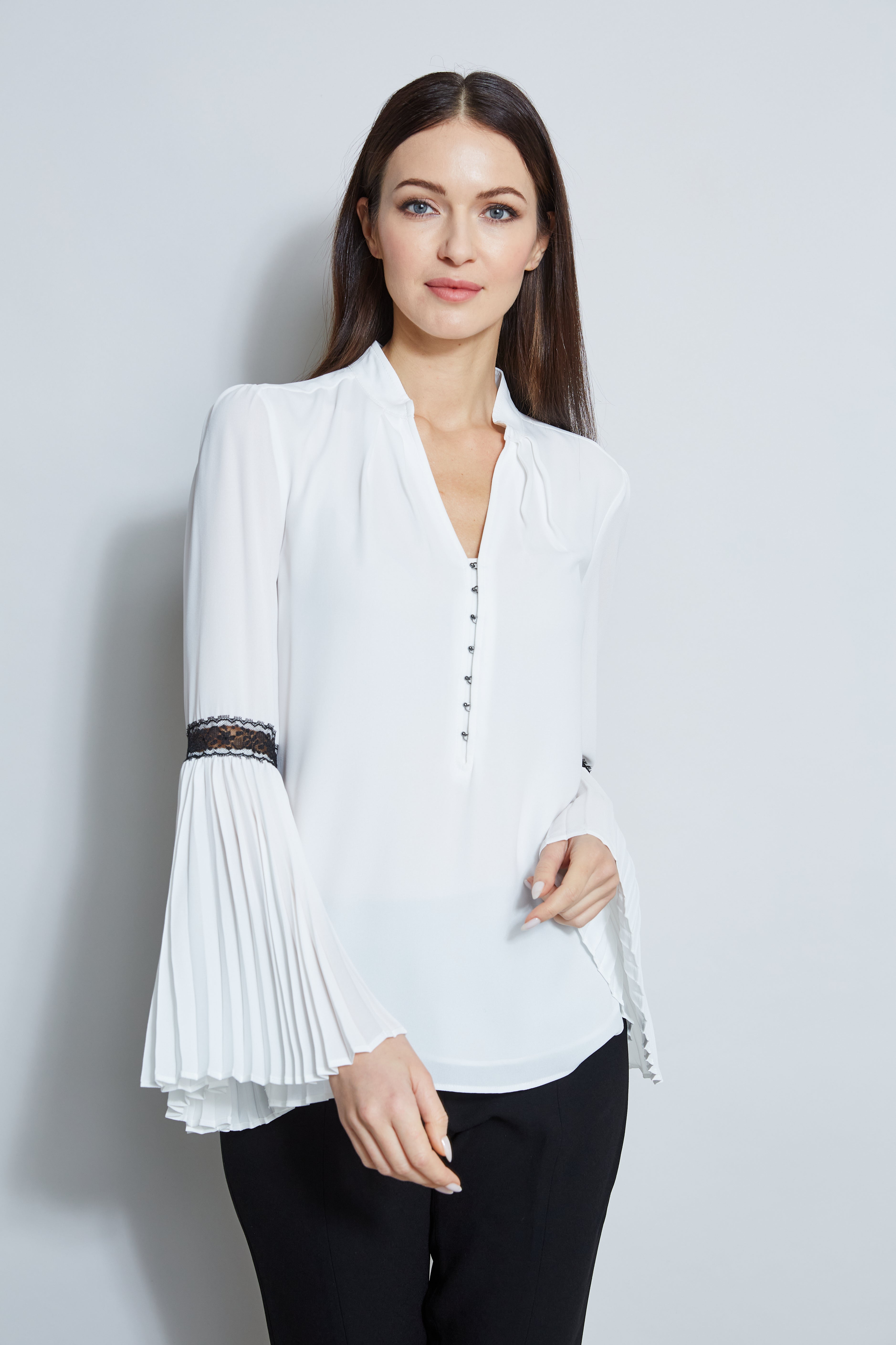 T Tahari Women's Pleated Lace Sleeve Blouse - Elegant Office Wear & Special Occasion Top for Professional Women