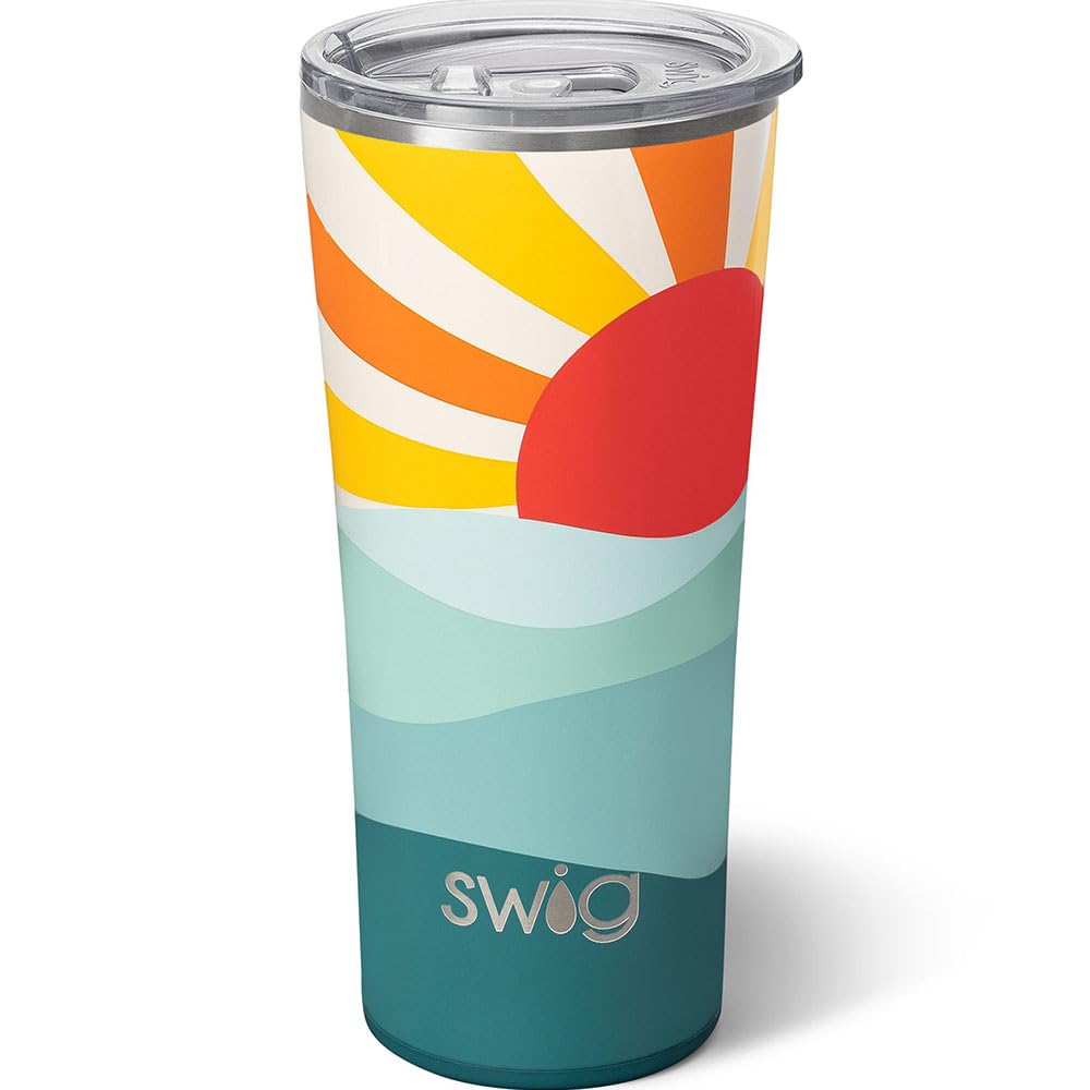Swig Life 22oz Insulated Stainless Steel Tumbler - Leakproof Travel Coffee Mug with Lid & Cup Holder Friendly Design, Double Wall Vacuum Insulated Thermos (Sun Dance) - Perfect for Commuting, Camping & Office Use