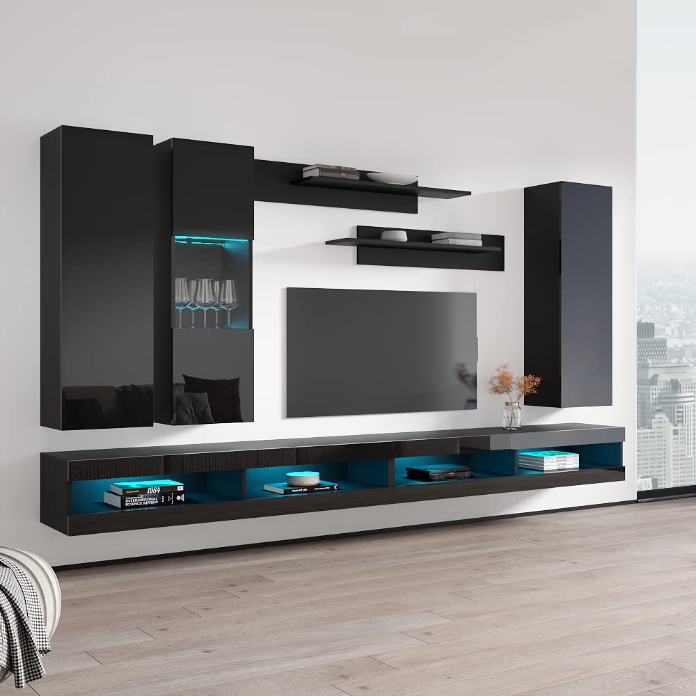 Modern Floating TV Stand with Storage & LED Lights - Wall-Mounted Entertainment Center for Living Room & Bedroom - Black TV Console with Shelves - Perfect for Small Spaces & Home Theater Setup