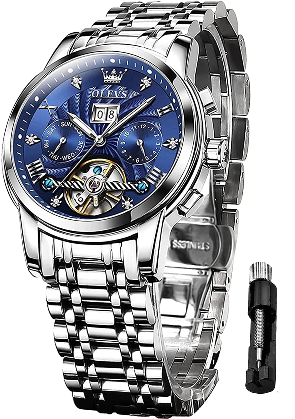 OLEVS Men's Automatic Skeleton Watch - Self Winding Mechanical Watch with Luminous Hands, Waterproof, Diamond Accents, Day/Date Display - Perfect for Business, Dress & Formal Occasions