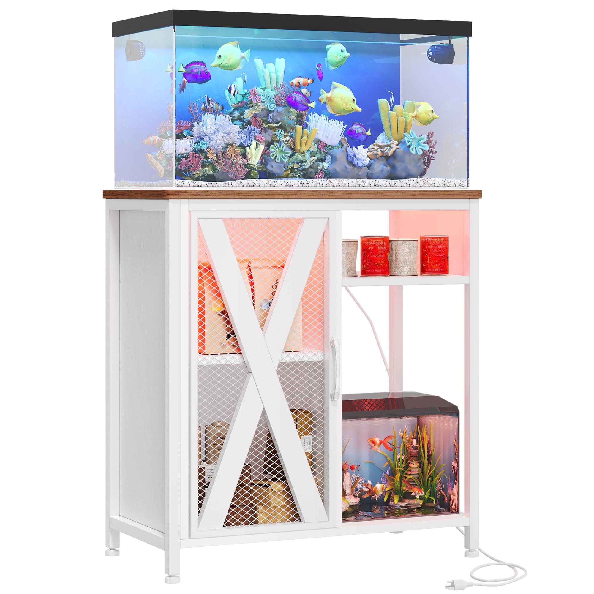 YITAHOME 20-29 Gallon Metal Aquarium Stand with Power Outlets & LED Light - White Fish Tank Cabinet with Storage for Accessories, Turtle Tank & Reptile Terrarium (350LBS Capacity) - Perfect for Living Room, Bedroom or Office Decor