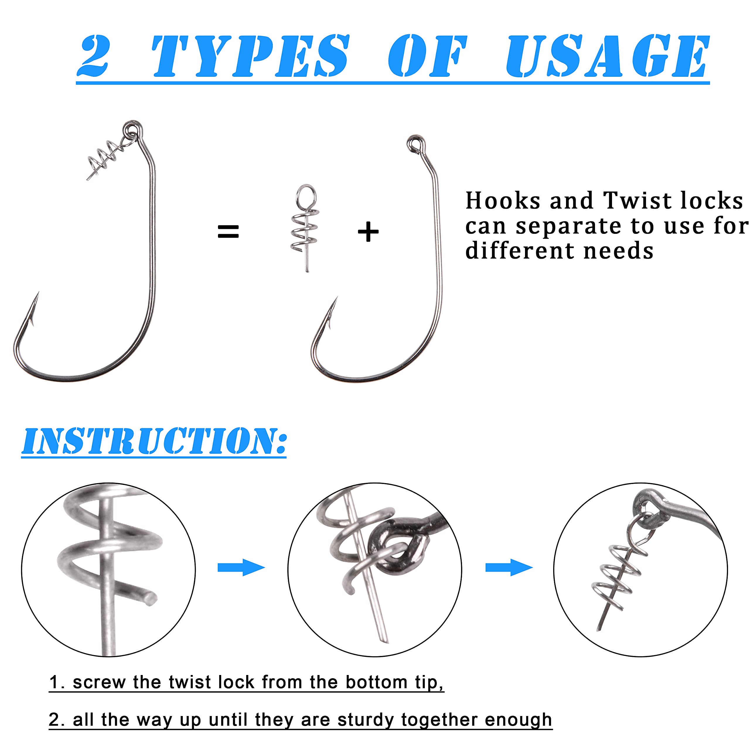 50pcs Bass Hooks Worm Hooks - Twistlock Fishing Hooks with Centering Spring Pin | Weedless Swimbait Hooks for Soft Fishing Lures (Size 1/0-5/0) | Perfect for Freshwater Bass Fishing & Saltwater Angling