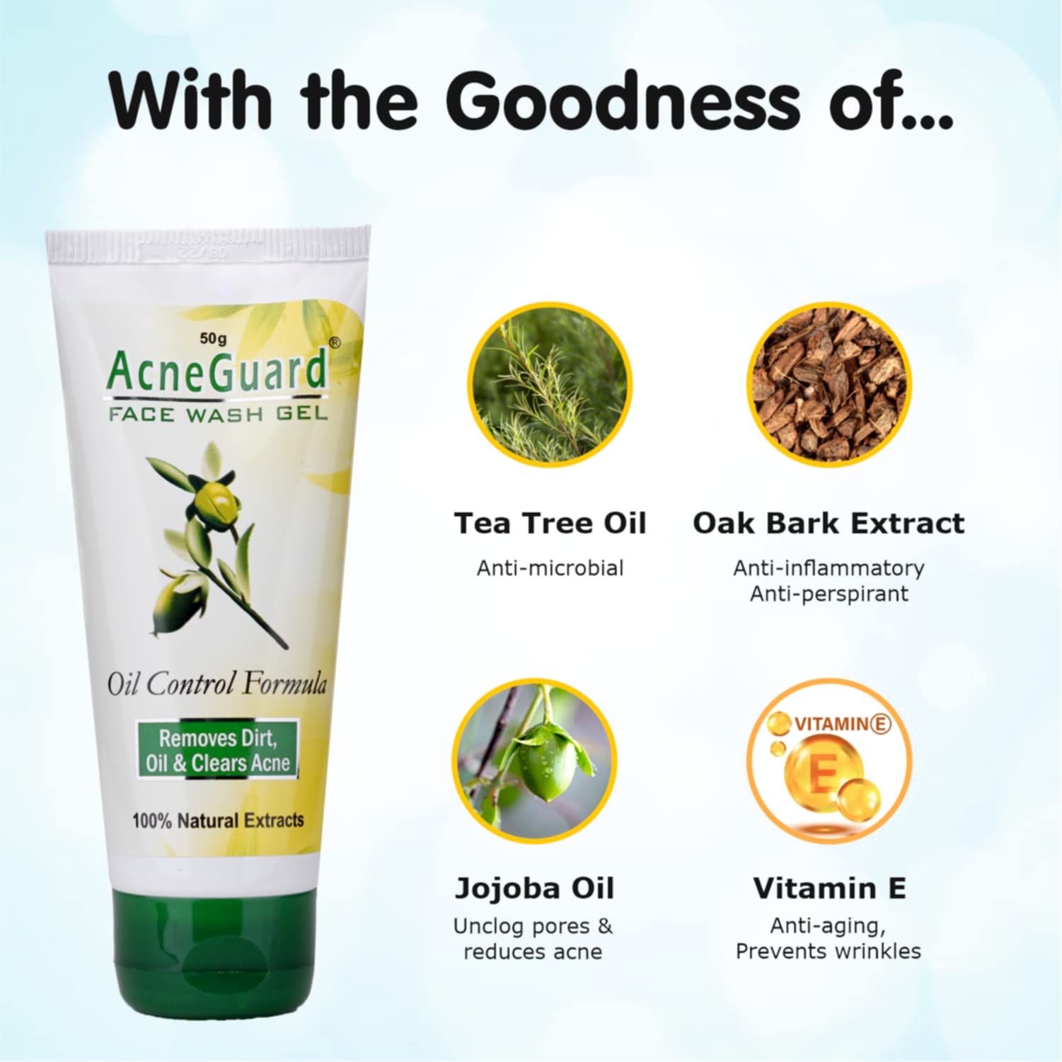 Pil Acneguard Face Wash Gel - Acne Treatment for Clear Skin with Jojoba Oil, Vitamin E & Tea Tree Oil | Natural Deep Cleansing Formula for Pimples & Clogged Pores | Gentle & Refreshing Facial Cleanser (50g x 3 Pack) | Perfect for Daily Skincare Routine & Teen Acne Care