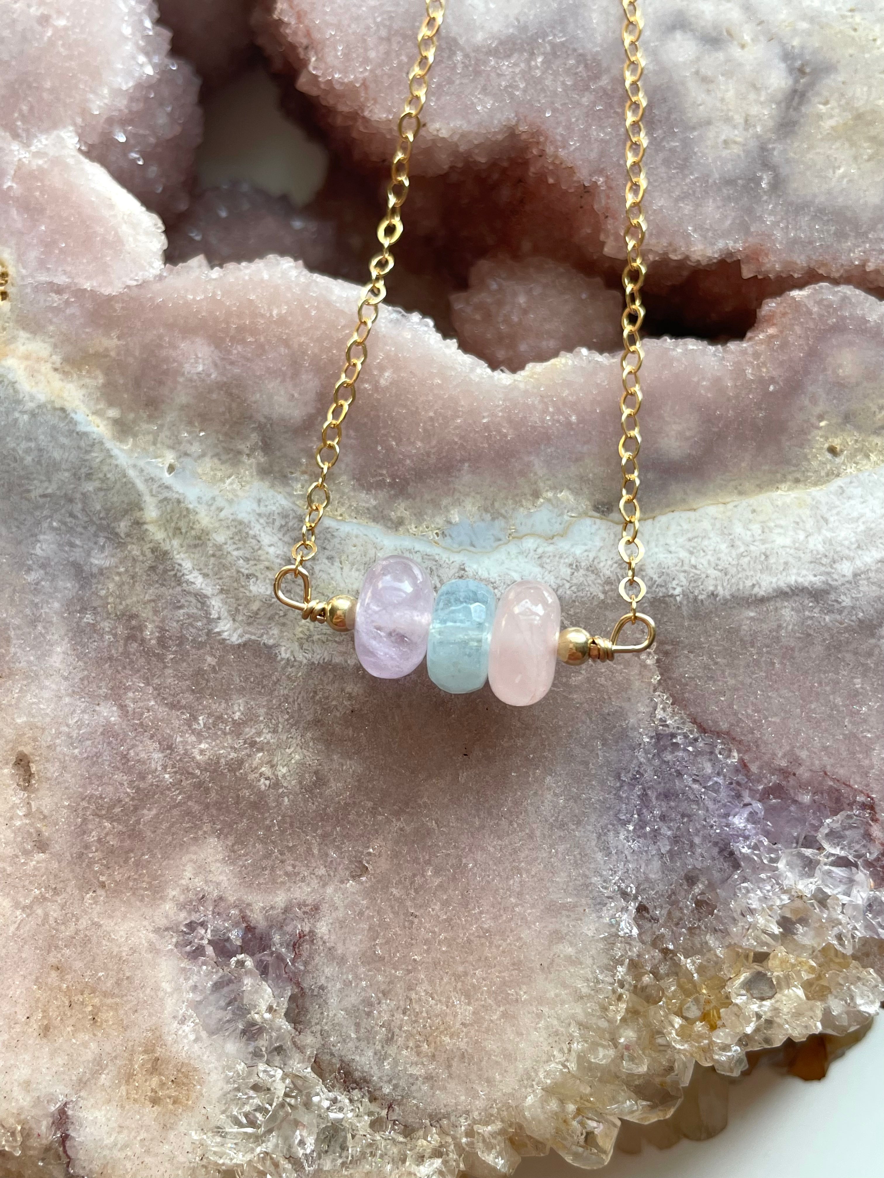 Amethyst Aquamarine Rose Quartz Gemstone Necklace - Silver or Gold Crystal Healing Jewelry for Women - Perfect for Meditation, Yoga & Spiritual Gifts