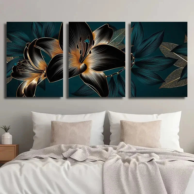 3-Piece Abstract Botanical Flower Metal Wall Art Prints - Black & White Ready to Hang Canvas Paintings for Living Room, Bedroom, Office Decor