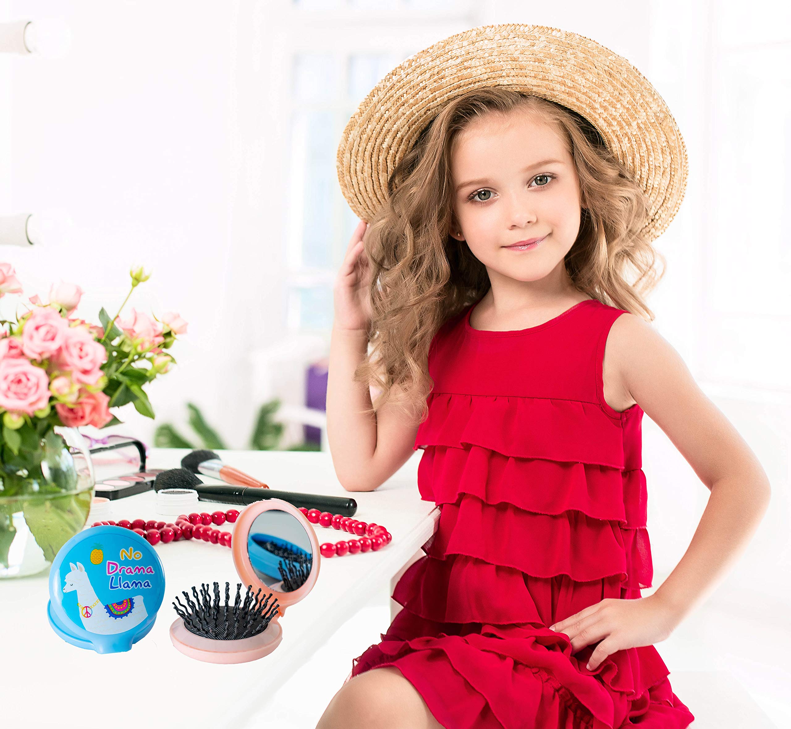 Gifton - Round Llama Travel Hair Brush with Mirror | Folding Pocket Hairbrush & Massage Comb | Compact Travel Size for Women & Girls | Perfect for On-the-Go Styling, Purse & Travel Essentials (1 Pack)