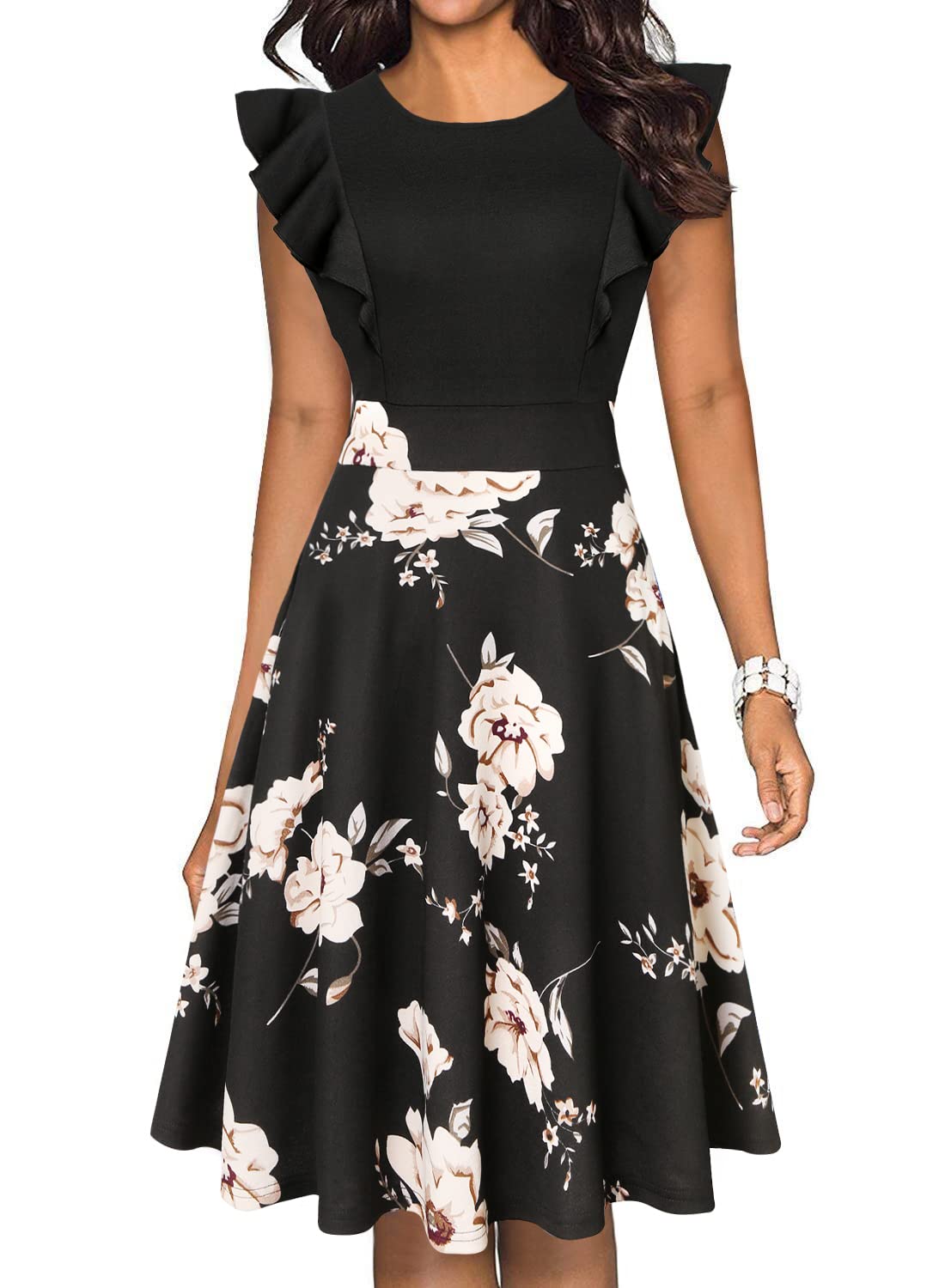Vintage Floral Ruffle A-Line Swing Dress for Women - Elegant Cocktail Party Dress with Pockets | Perfect for Weddings, Date Nights & Special Occasions