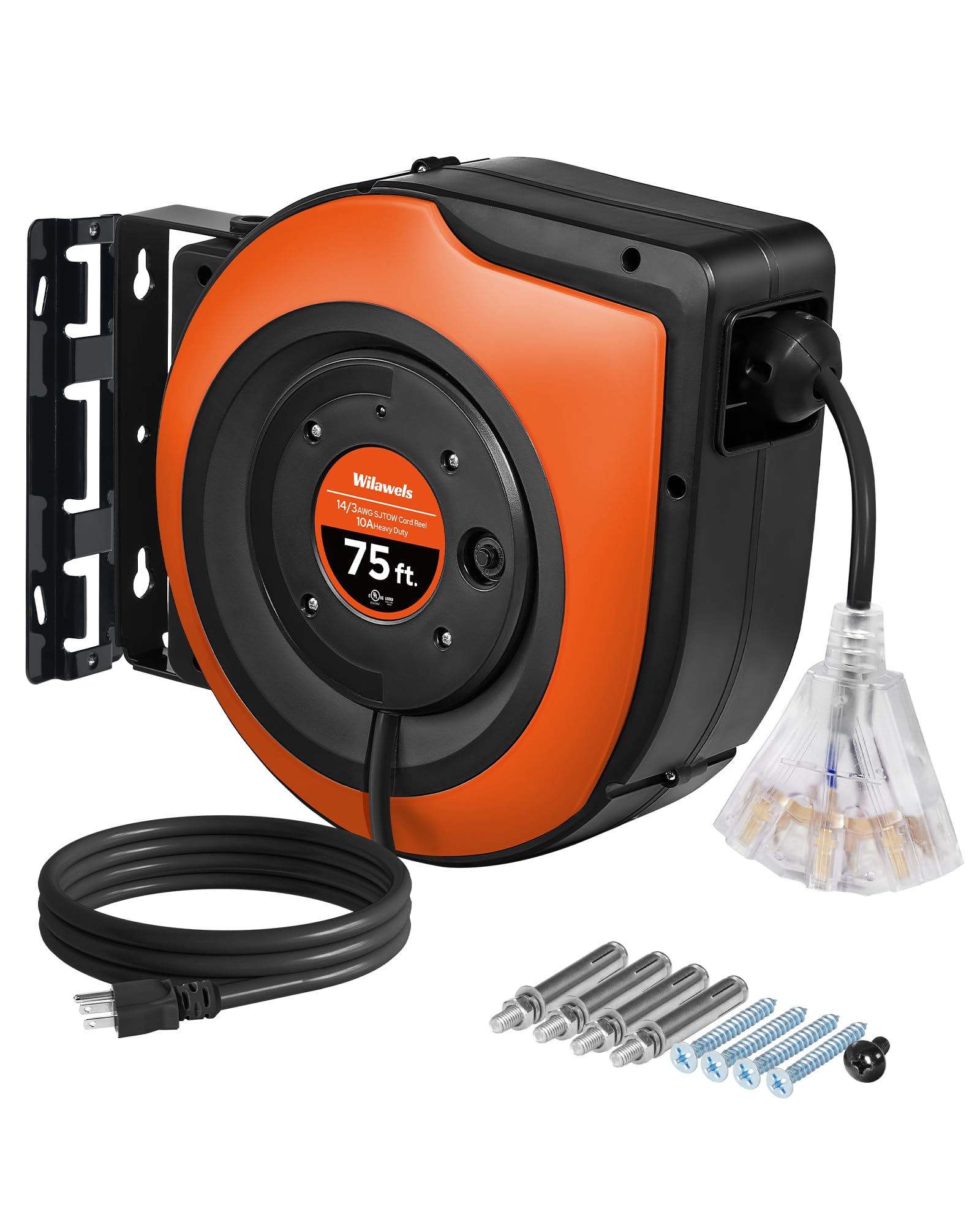 75 FT Heavy Duty Retractable Extension Cord Reel with 3 Grounded Outlets - 14AWG/3C SJTOW, 10A Circuit Breaker, Wall/Ceiling Mount - UL Listed Black B75CR06 - Perfect for Workshops, Garages, and Outdoor Power Tools