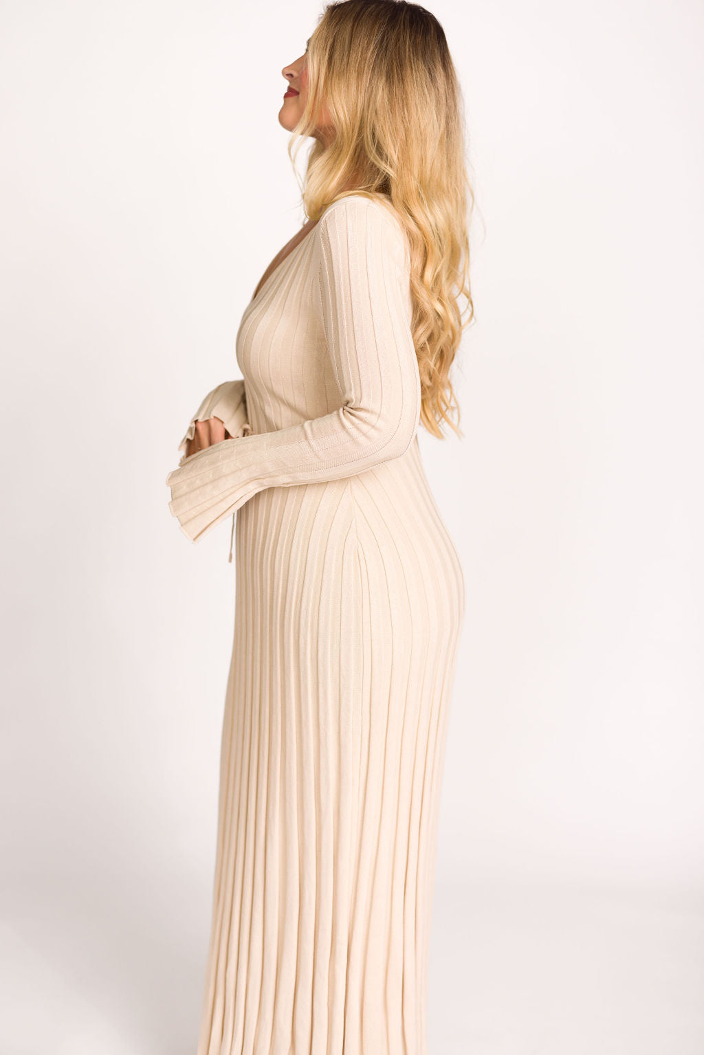 Hadley Long Sleeve V Neck Knit Maxi Dress in Cream Taupe - Elegant Women's Casual Maxi Dress for Fall & Winter, Perfect for Office, Date Night and Holiday Parties