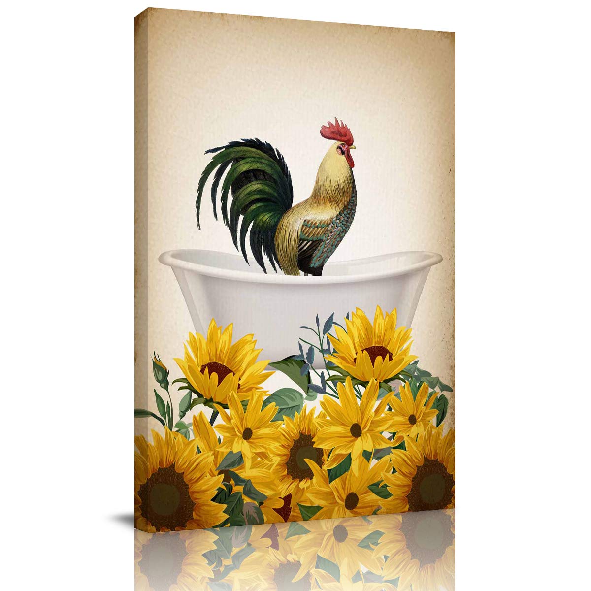 Vintage Rooster Sunflower Bathtub Canvas Wall Art - 18x12 Inch Giclee Print, Ready to Hang Home & Office Decor - Perfect for Farmhouse, Bathroom, or Kitchen Wall Decorations