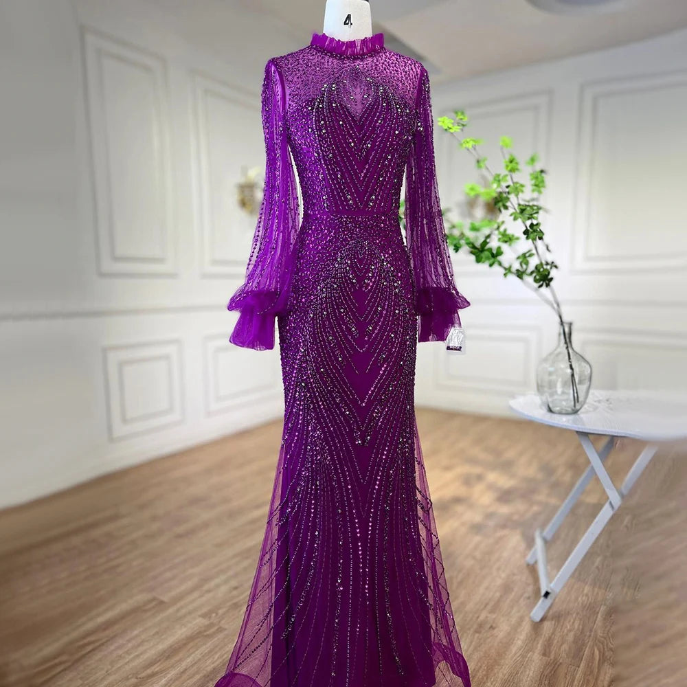 Elegant Purple Mermaid Evening Gown with High Neck & Long Sleeves - Beaded Luxury Women's Party Dress for Prom, Wedding & Formal Events | LA71690