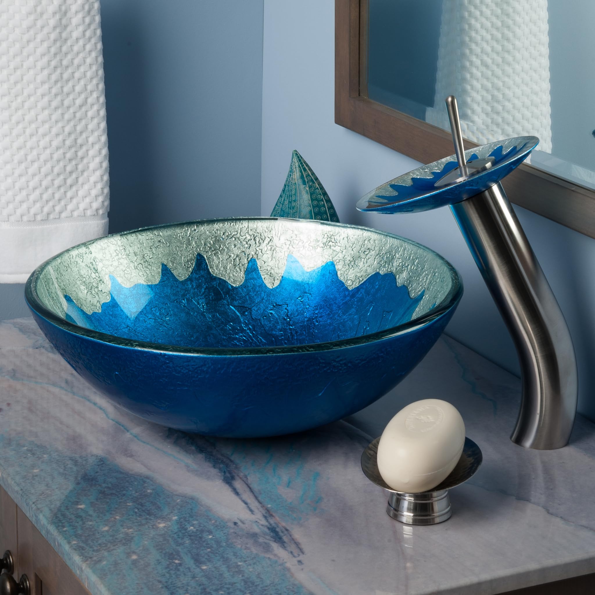 Novatto DIACCIO Glass Vessel Bathroom Sink Set with Brushed Nickel Faucet - Modern Above Counter Basin for Bathroom Vanity, Powder Room, and Guest Bath Decor