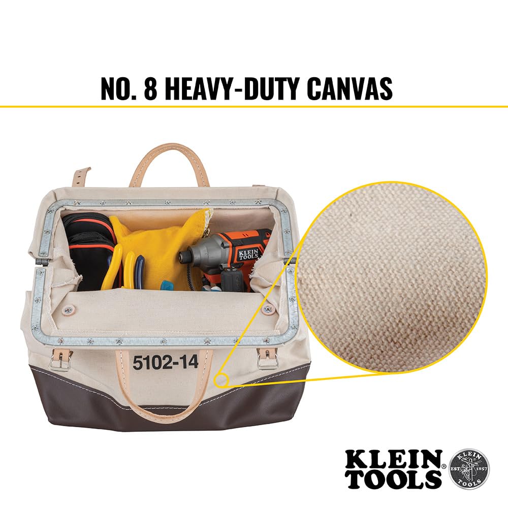 Klein Tools 5102-14 Heavy Duty Natural Canvas Tool Bag - 14-Inch Multi-Purpose Tool Tote with Wide Hinged Opening & Leather Handles | Perfect for Electricians, Contractors & DIY Home Improvement Projects