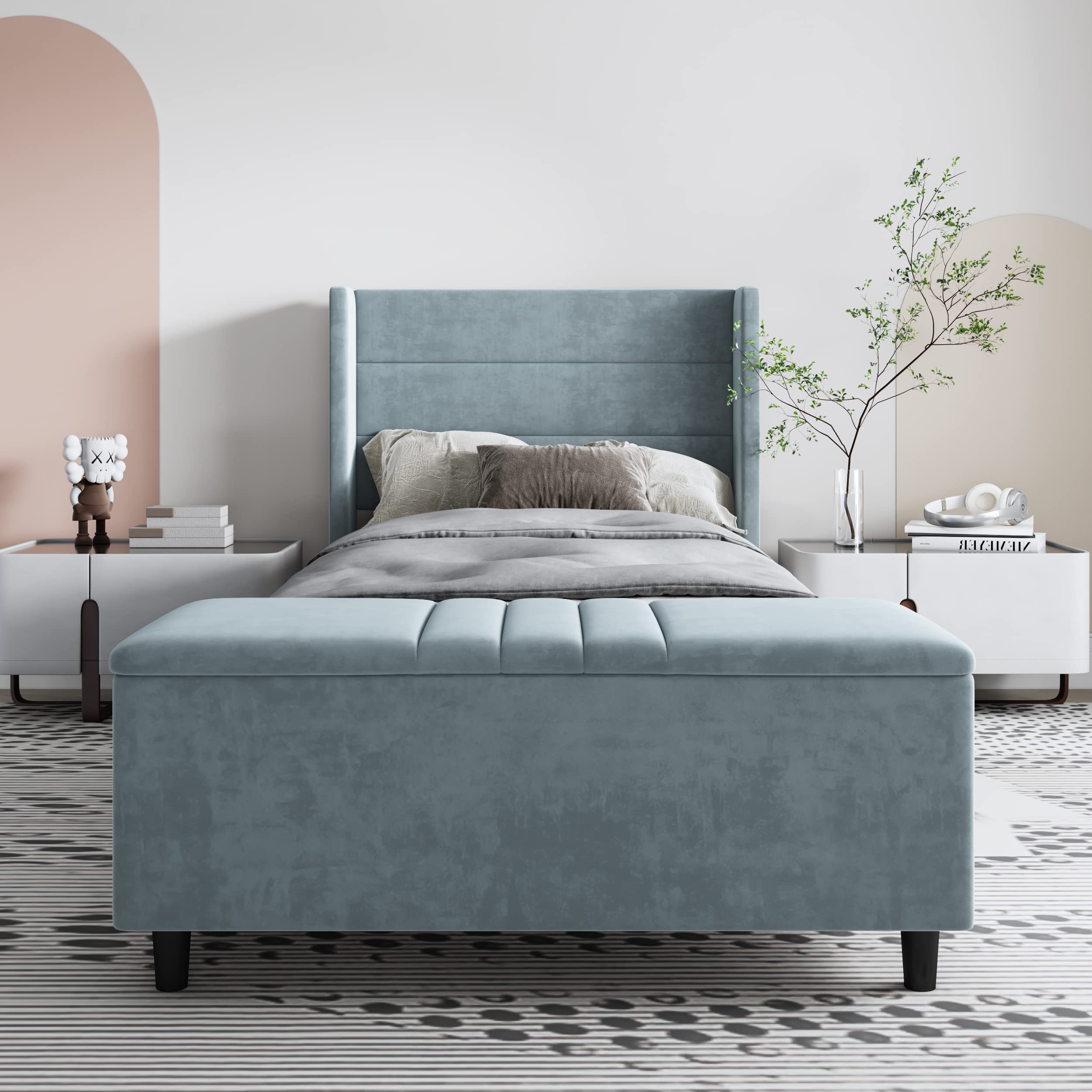 Zoophyter Twin Size Upholstered Wingback Platform Bed Frame with Headboard & Storage Ottoman Bench - Steel & Wood Slat Support, No Box Spring Needed, Light Grey - Perfect for Small Bedrooms, Guest Rooms & Studio Apartments